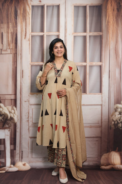 Light Brown A-Line Cotton Kurta Dupatta Set | Sequins Work & Ajrakh Print