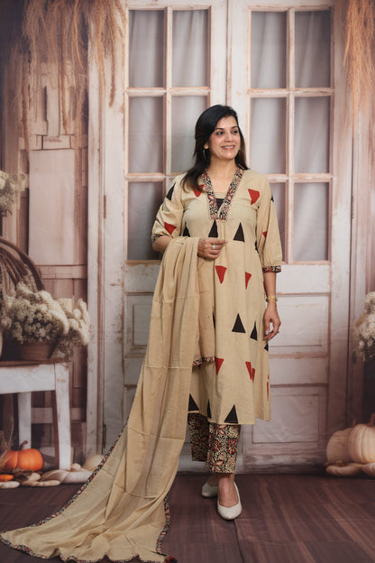 Light Brown A-Line Cotton Kurta Dupatta Set | Sequins Work & Ajrakh Print