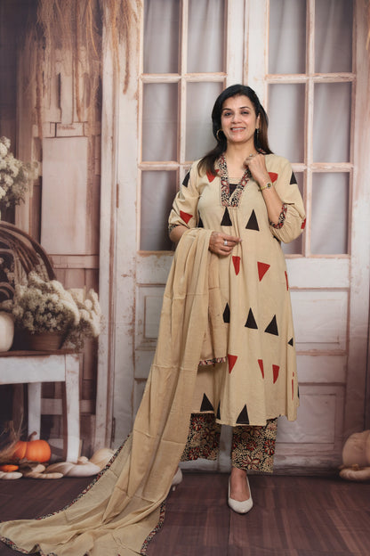 Light Brown A-Line Cotton Kurta Dupatta Set | Sequins Work & Ajrakh Print
