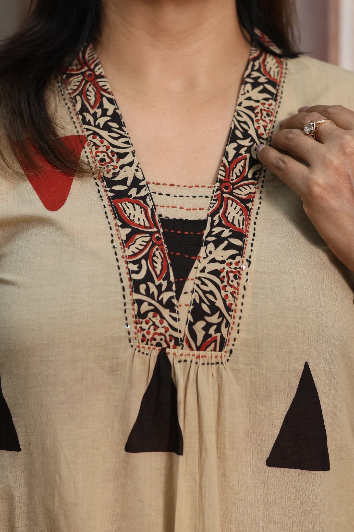 Light Brown A-Line Cotton Kurta Dupatta Set | Sequins Work & Ajrakh Print