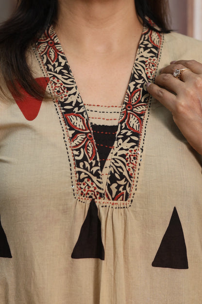 Light Brown A-Line Cotton Kurta Dupatta Set | Sequins Work & Ajrakh Print