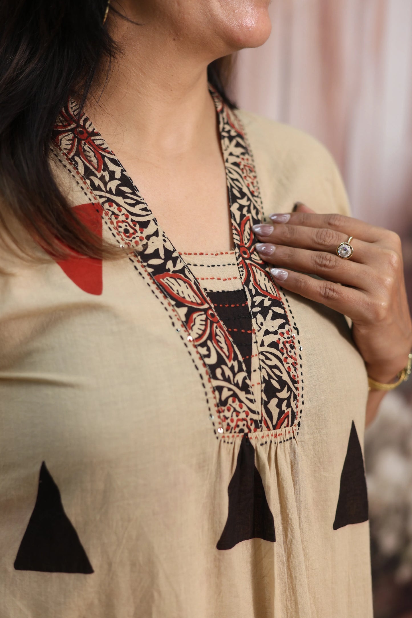 Light Brown A-Line Cotton Kurta Dupatta Set | Sequins Work & Ajrakh Print