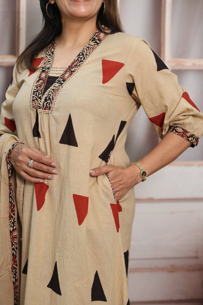 Light Brown A-Line Cotton Kurta Dupatta Set | Sequins Work & Ajrakh Print