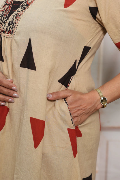 Light Brown A-Line Cotton Kurta Dupatta Set | Sequins Work & Ajrakh Print