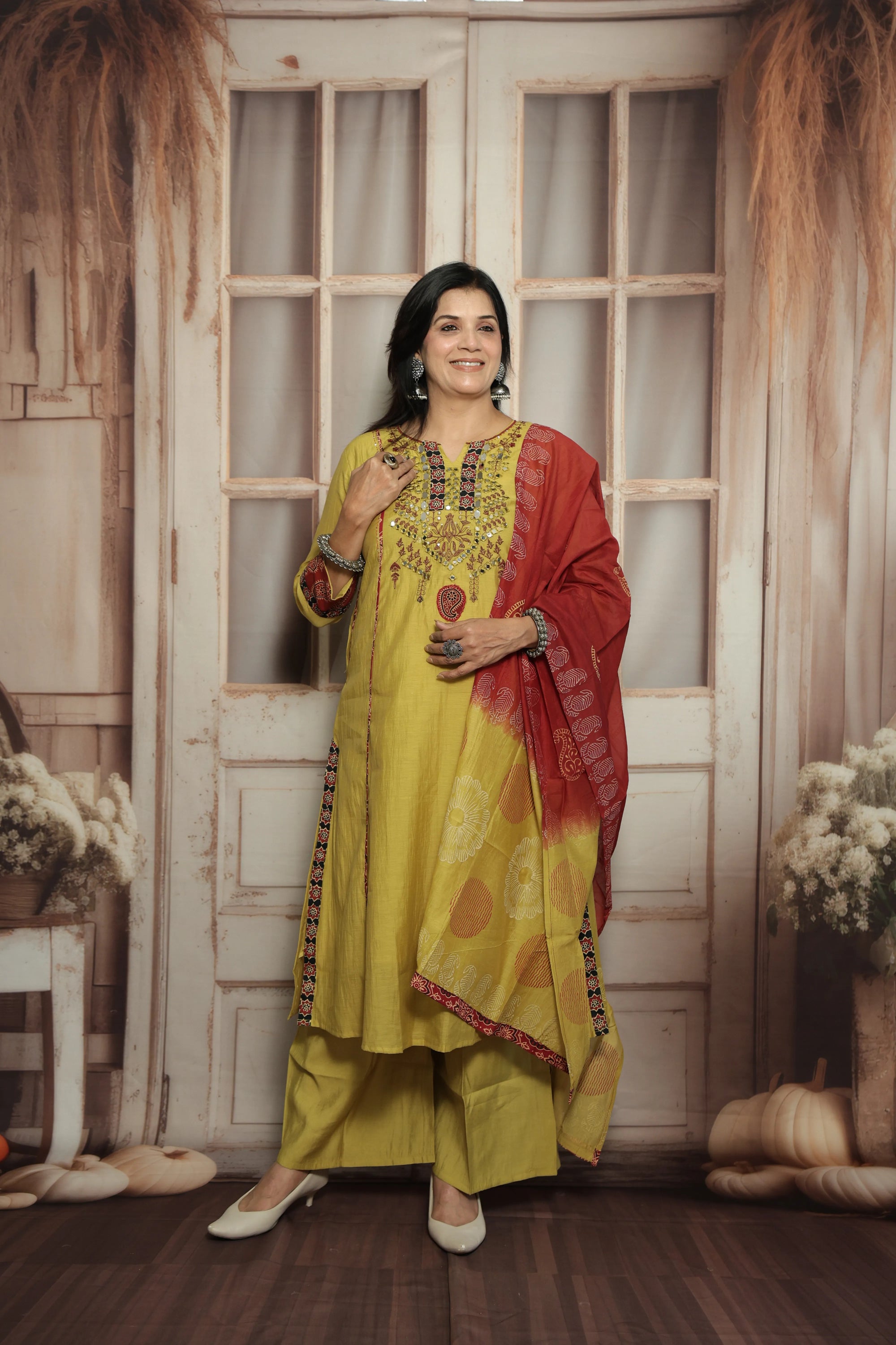 Yellow Kurta Dupatta Set | Mirror Work, Embroidery & Kalamkari Border