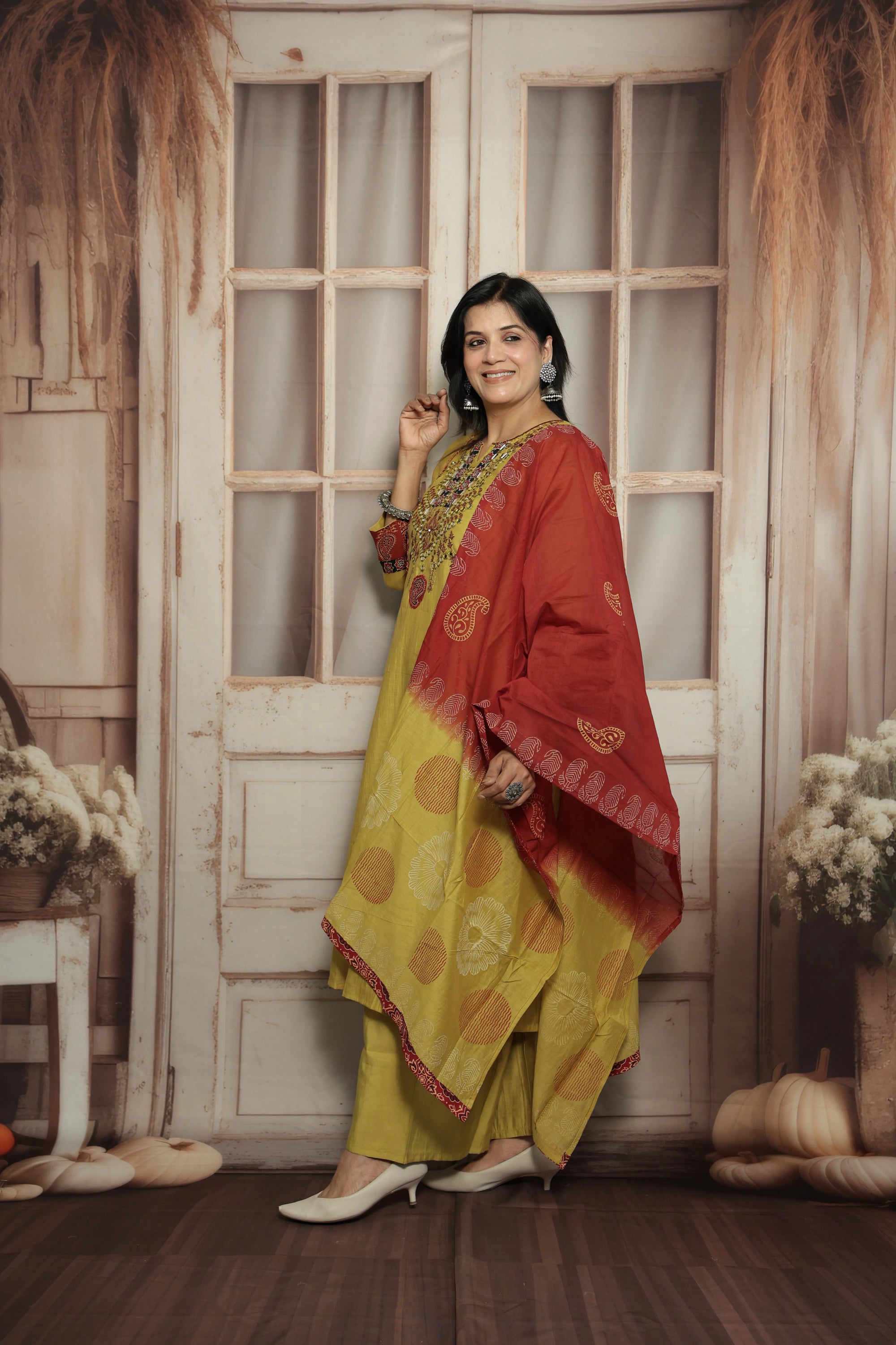 Yellow Kurta Dupatta Set | Mirror Work, Embroidery & Kalamkari Border