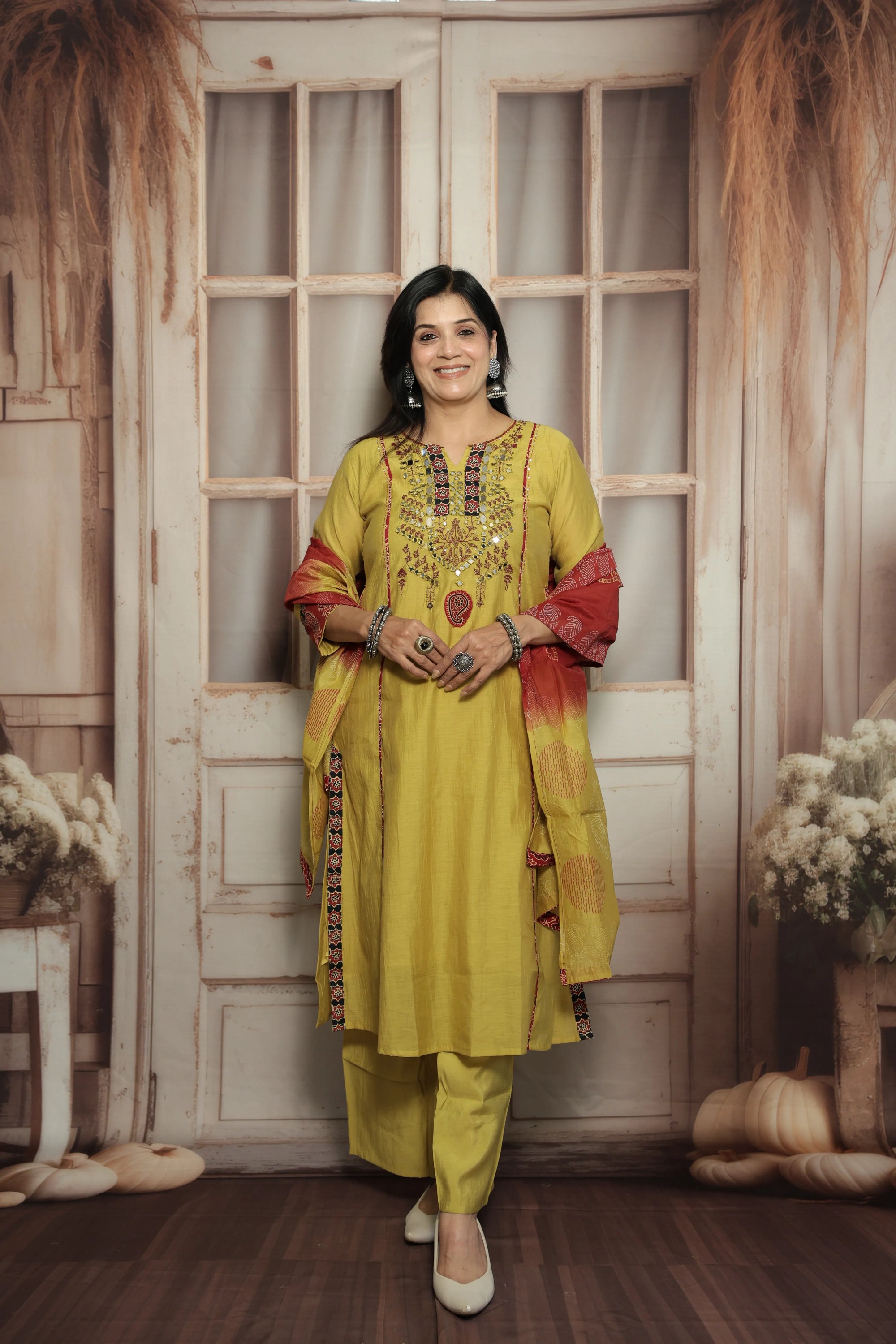 Yellow Kurta Dupatta Set | Mirror Work, Embroidery & Kalamkari Border