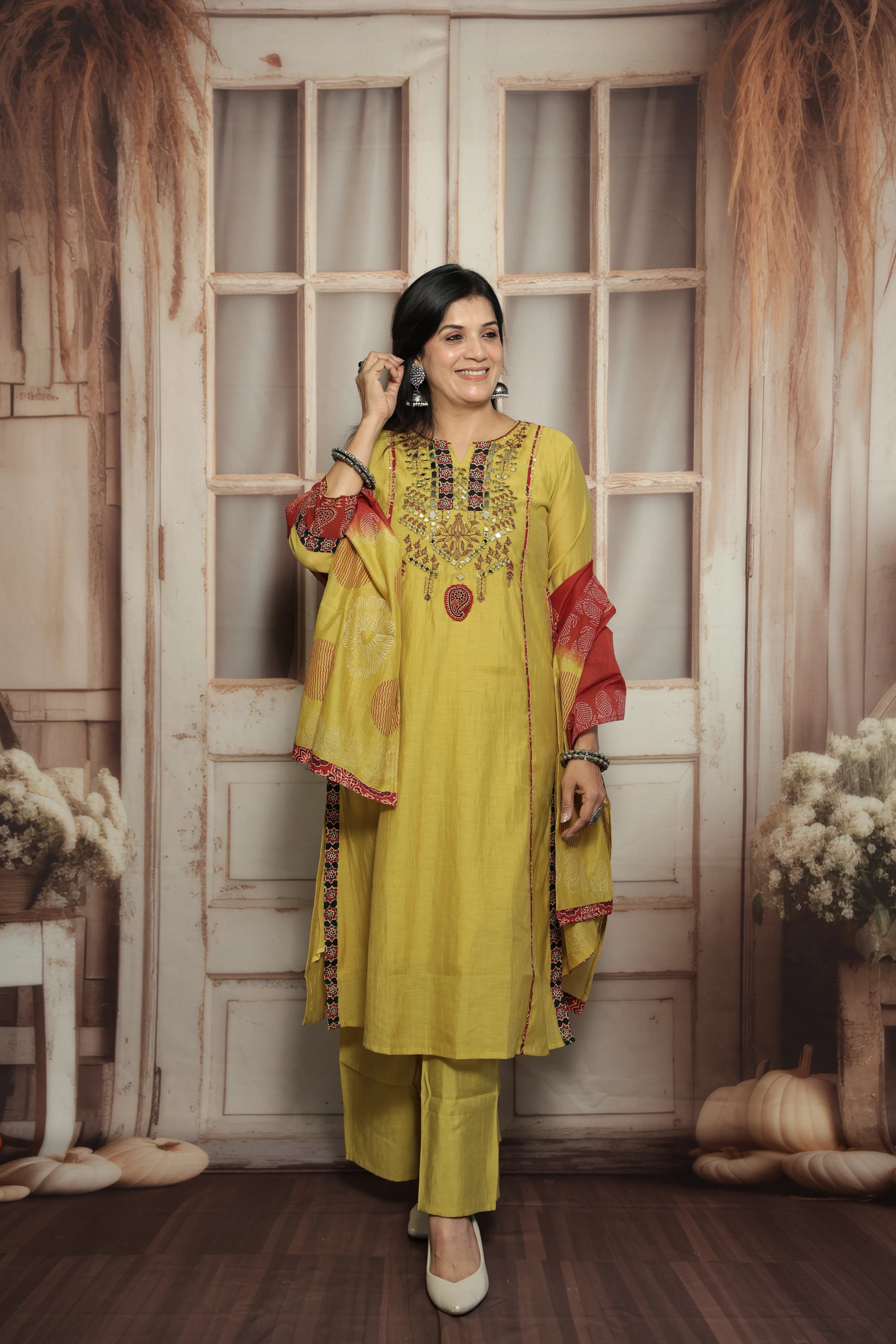 Yellow Kurta Dupatta Set | Mirror Work, Embroidery & Kalamkari Border