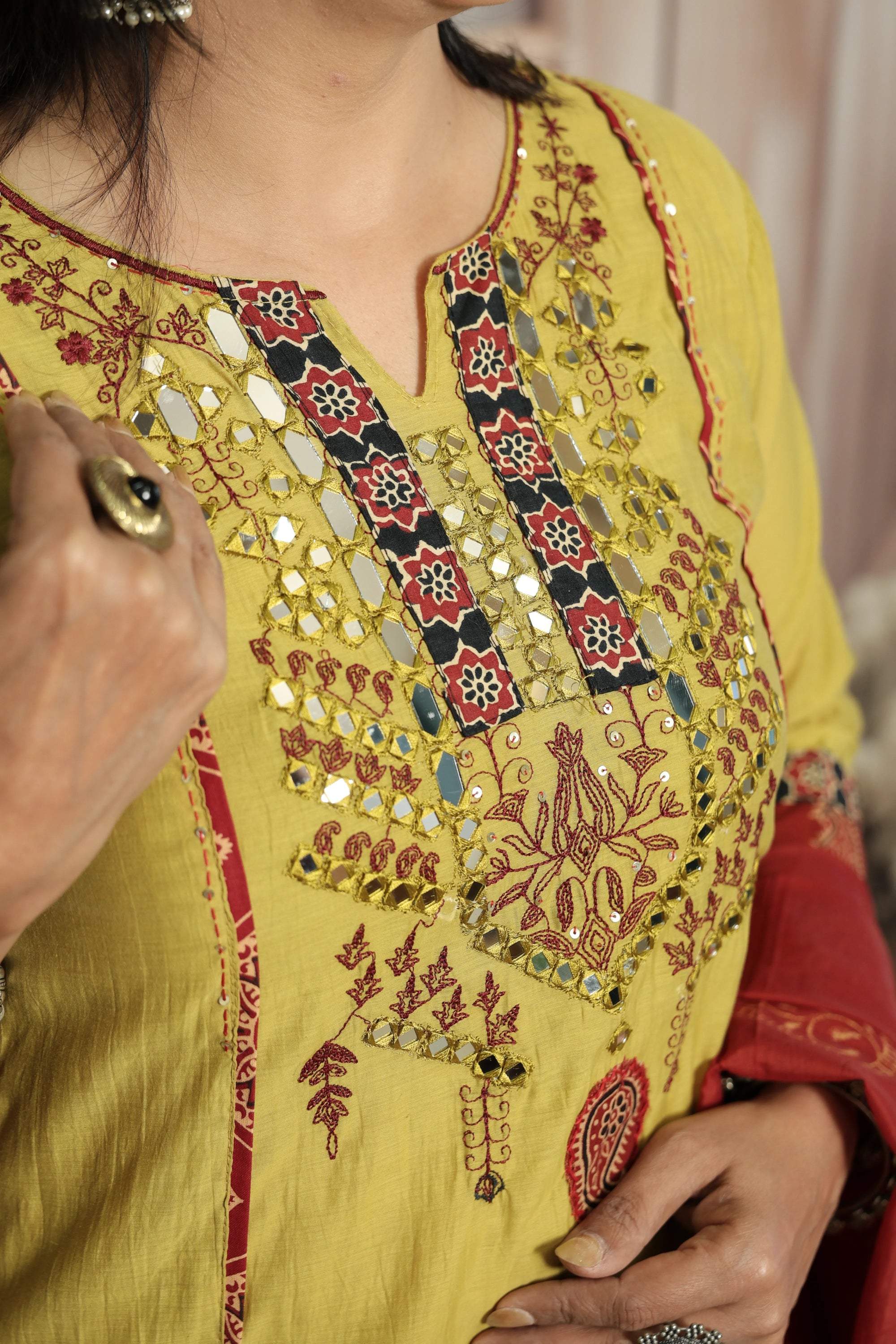 Yellow Kurta Dupatta Set | Mirror Work, Embroidery & Kalamkari Border
