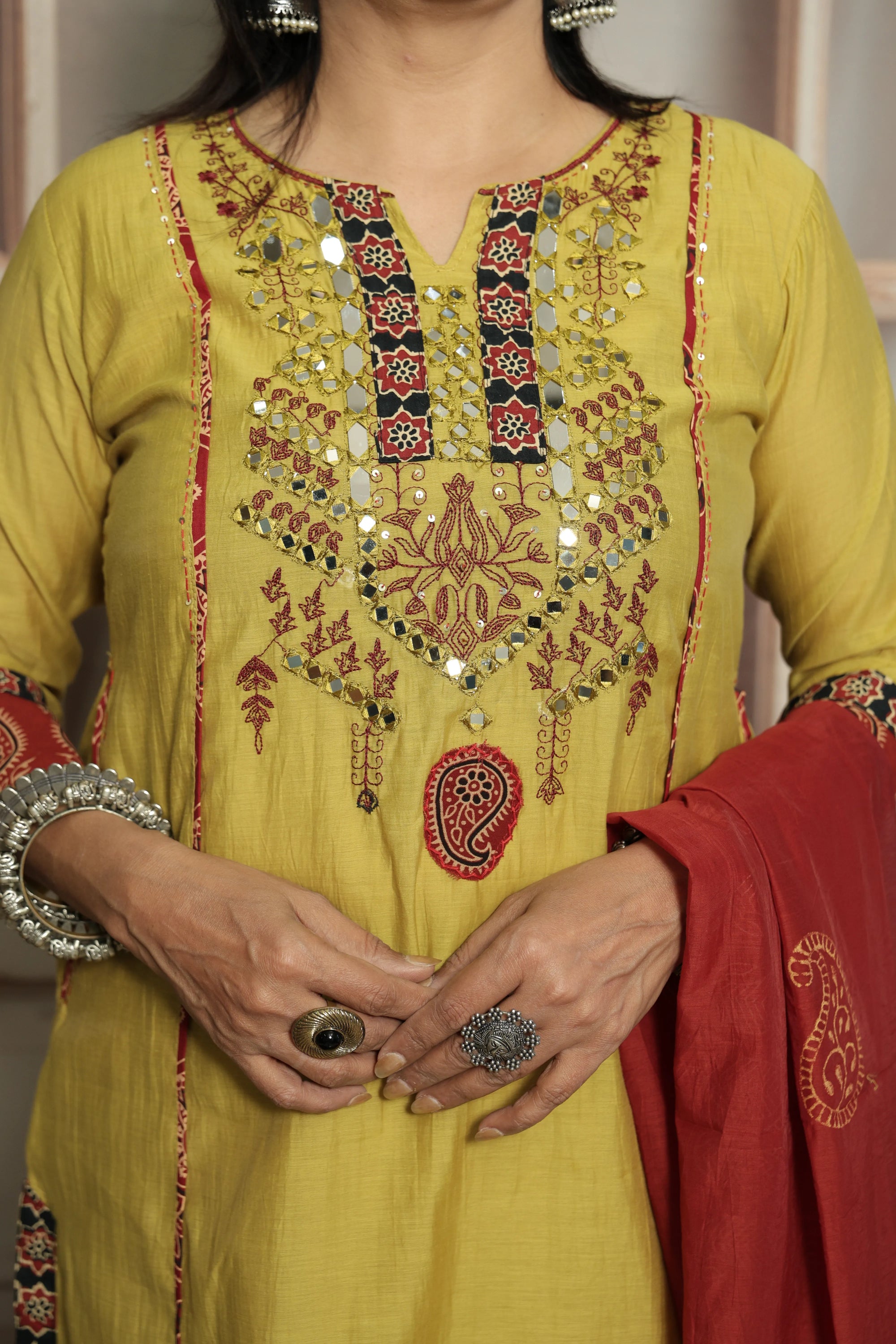 Yellow Kurta Dupatta Set | Mirror Work, Embroidery & Kalamkari Border
