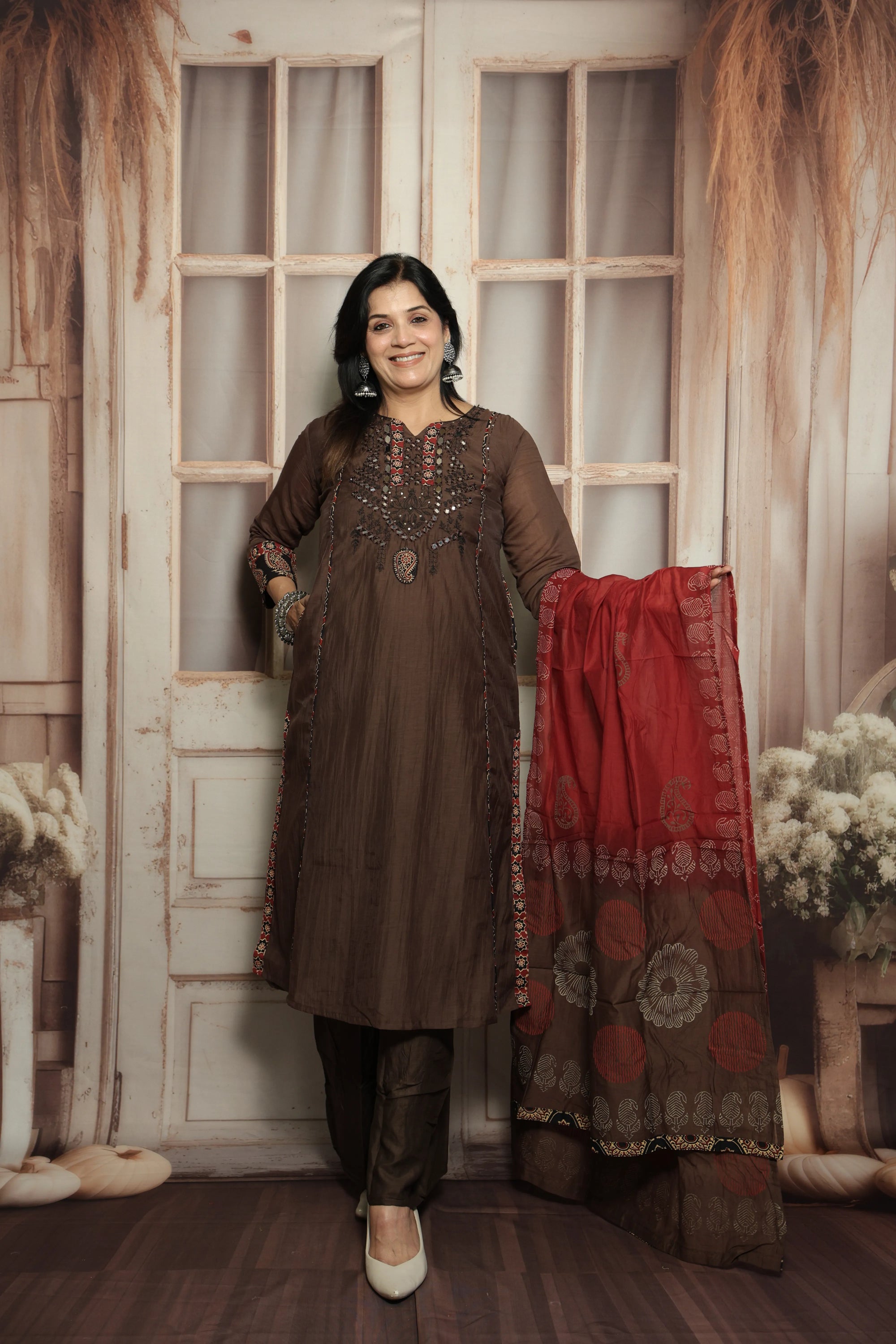 Chocolate Kurta Dupatta Set | Mirror Work, Embroidery & Kalamkari Border