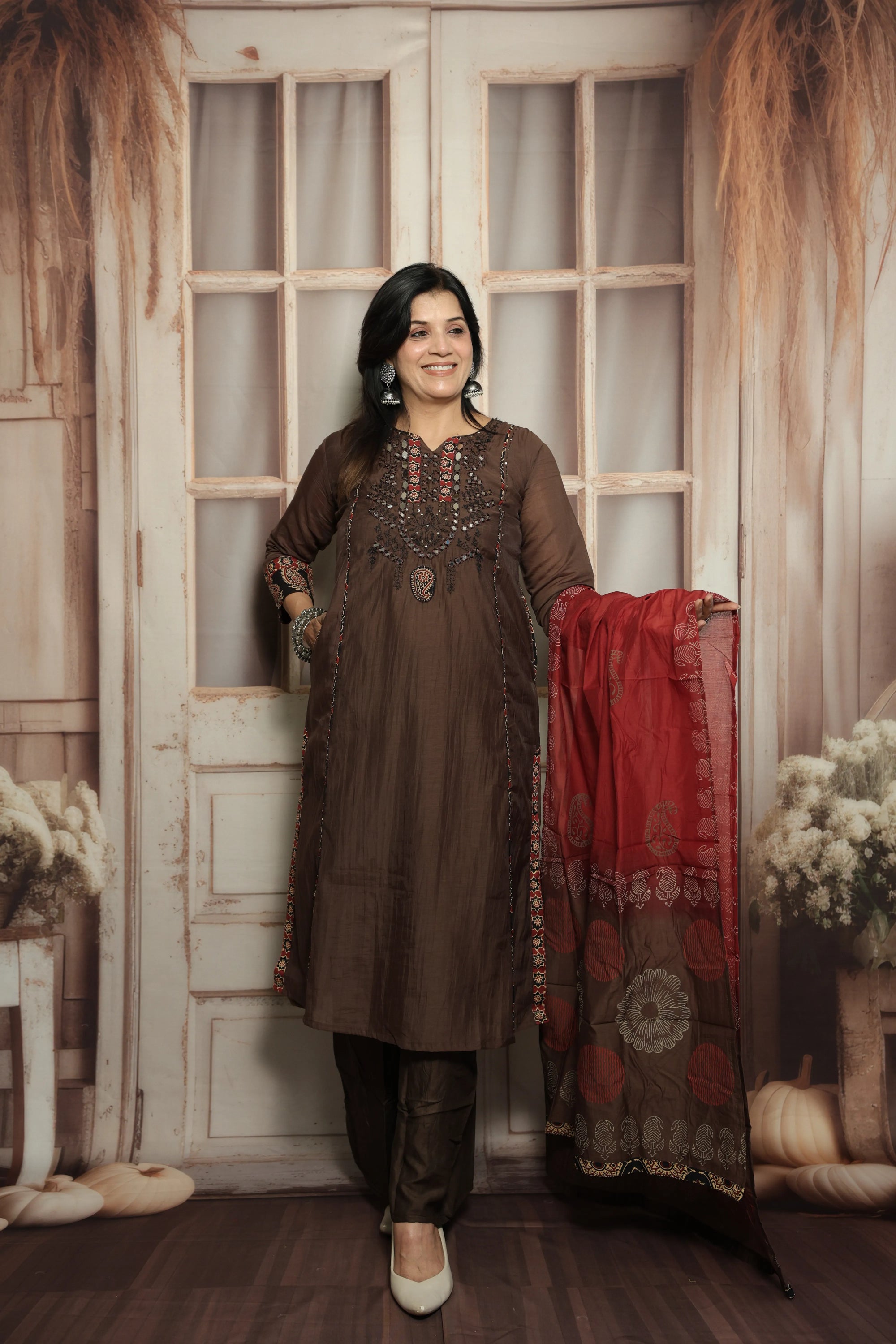 Chocolate Kurta Dupatta Set | Mirror Work, Embroidery & Kalamkari Border