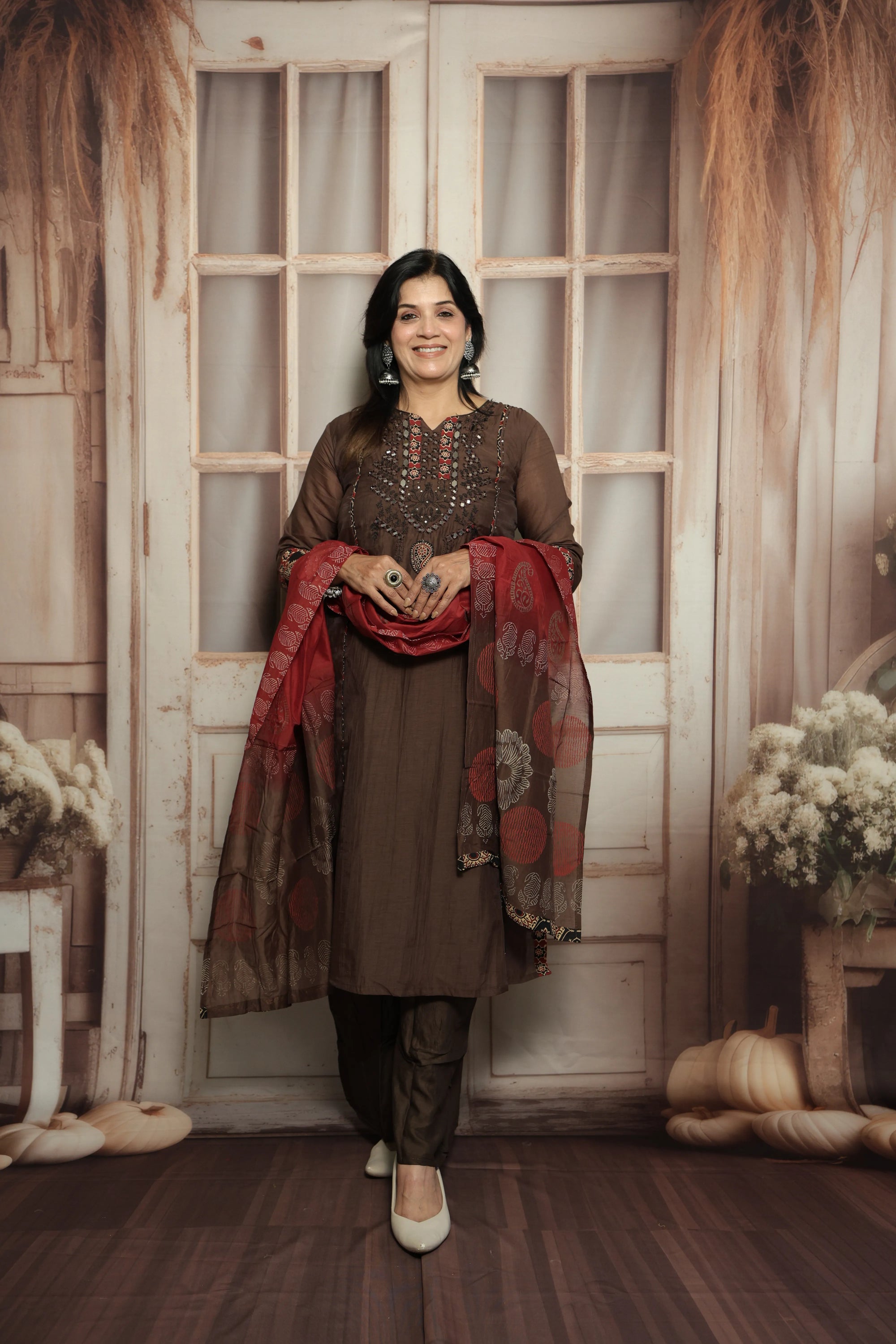 Chocolate Kurta Dupatta Set | Mirror Work, Embroidery & Kalamkari Border