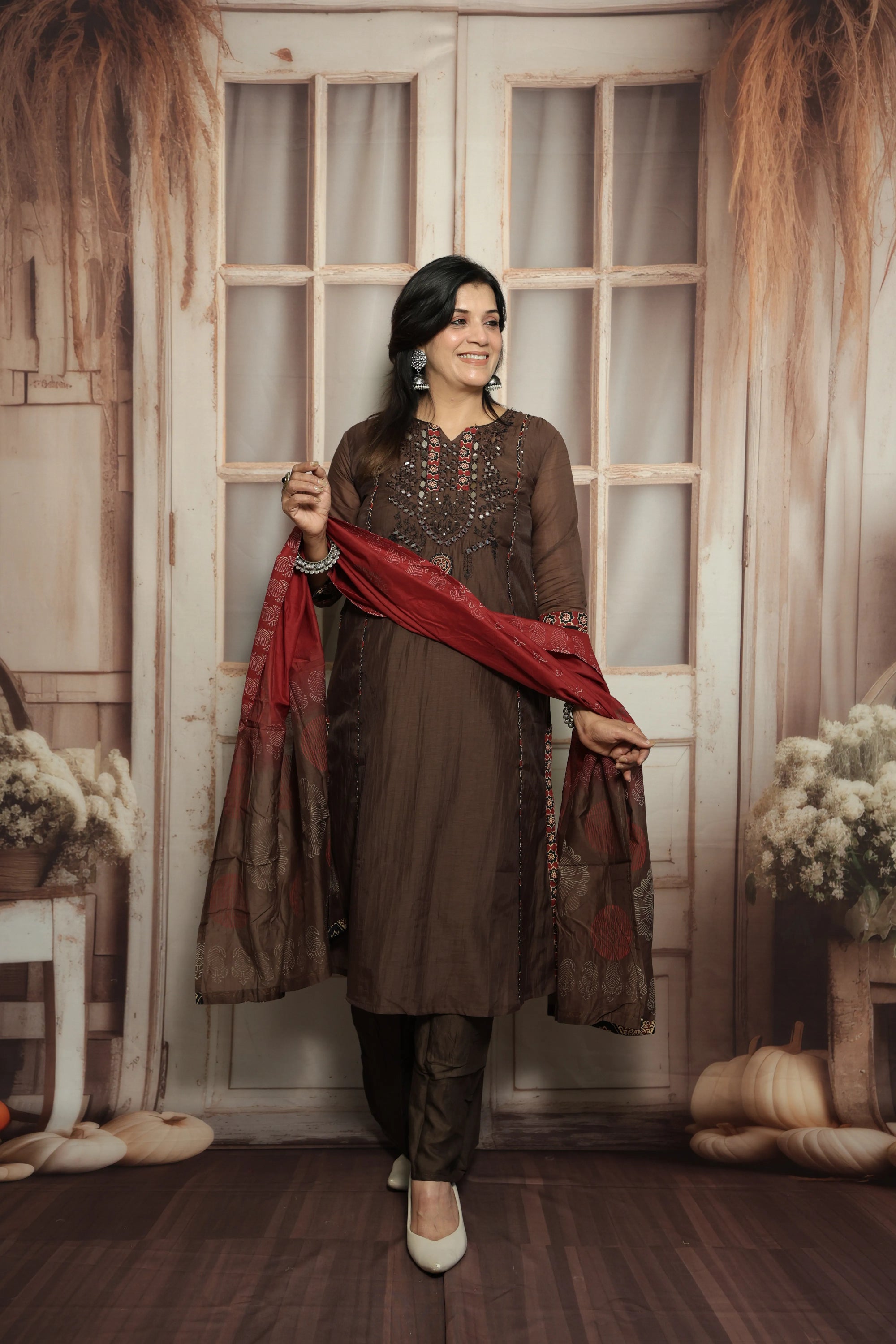 Chocolate Kurta Dupatta Set | Mirror Work, Embroidery & Kalamkari Border