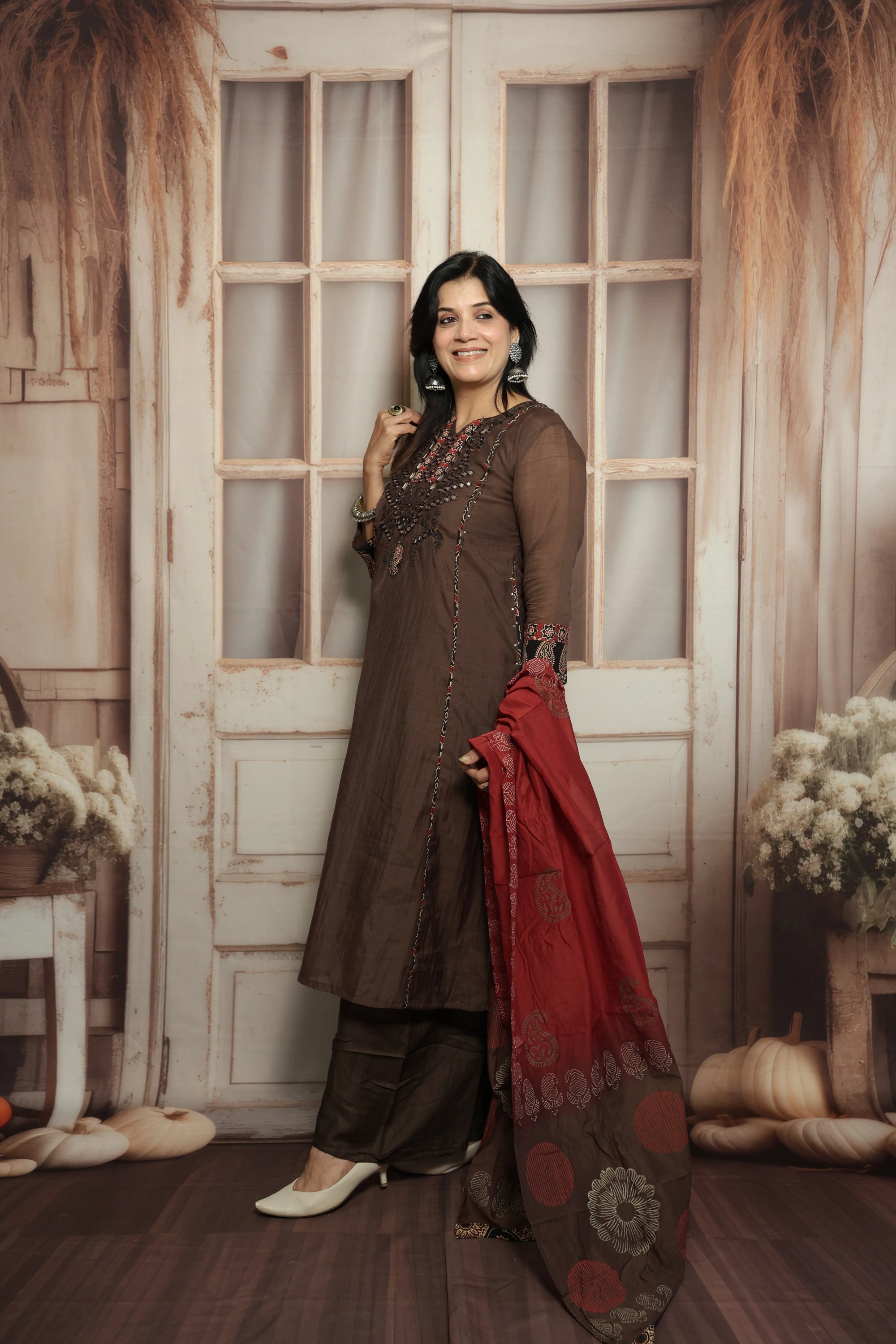Chocolate Kurta Dupatta Set | Mirror Work, Embroidery & Kalamkari Border