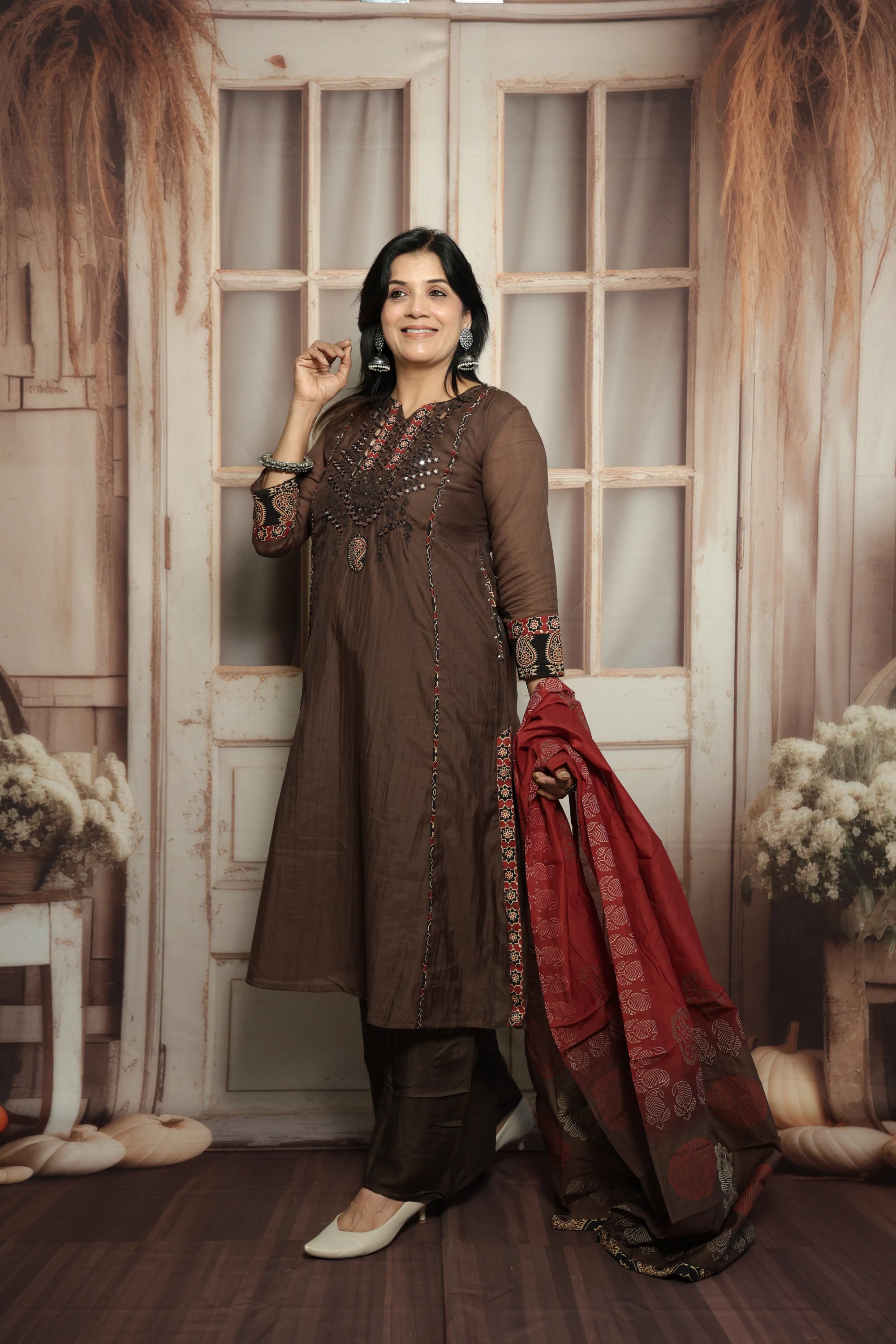 Chocolate Kurta Dupatta Set | Mirror Work, Embroidery & Kalamkari Border