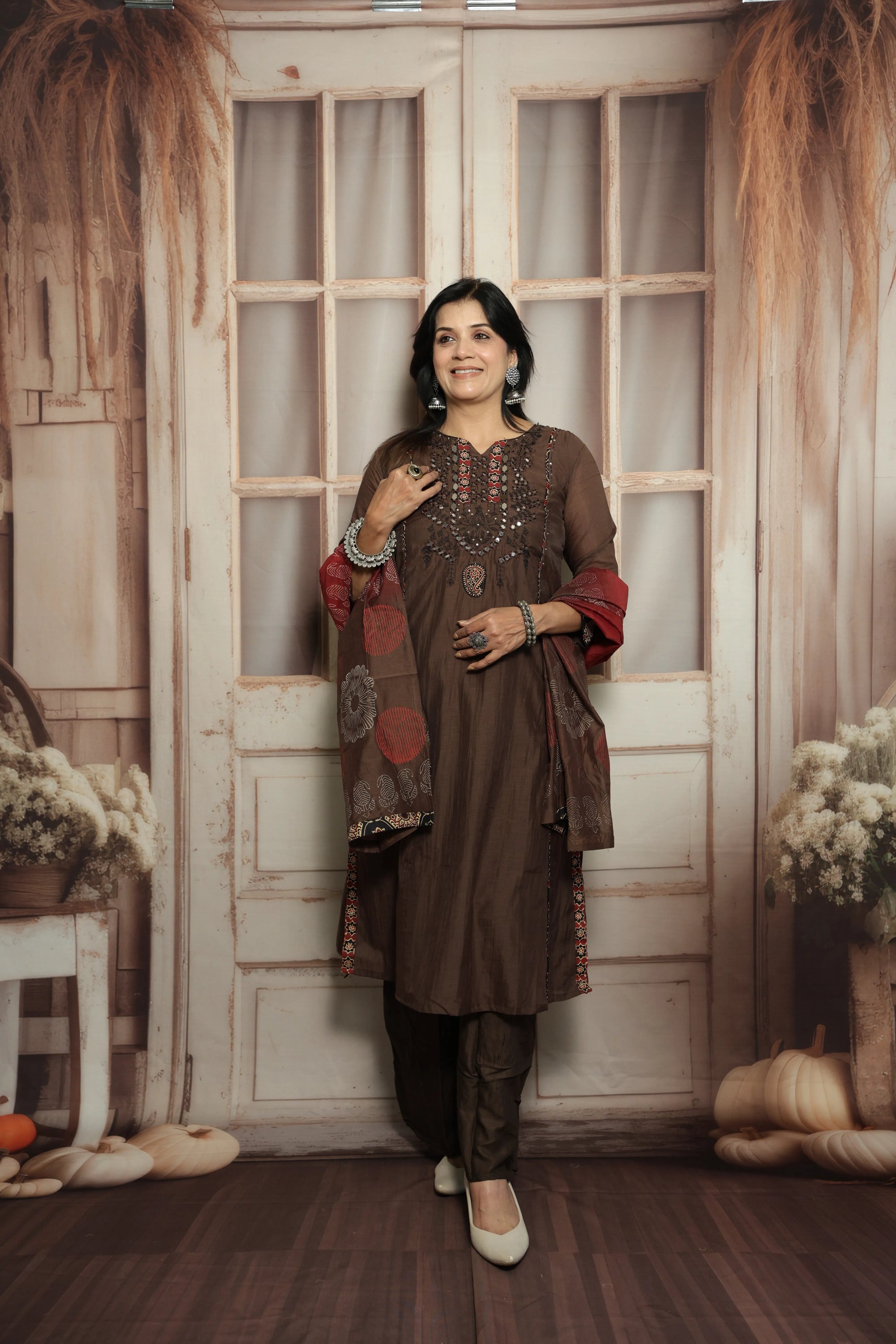 Chocolate Kurta Dupatta Set | Mirror Work, Embroidery & Kalamkari Border