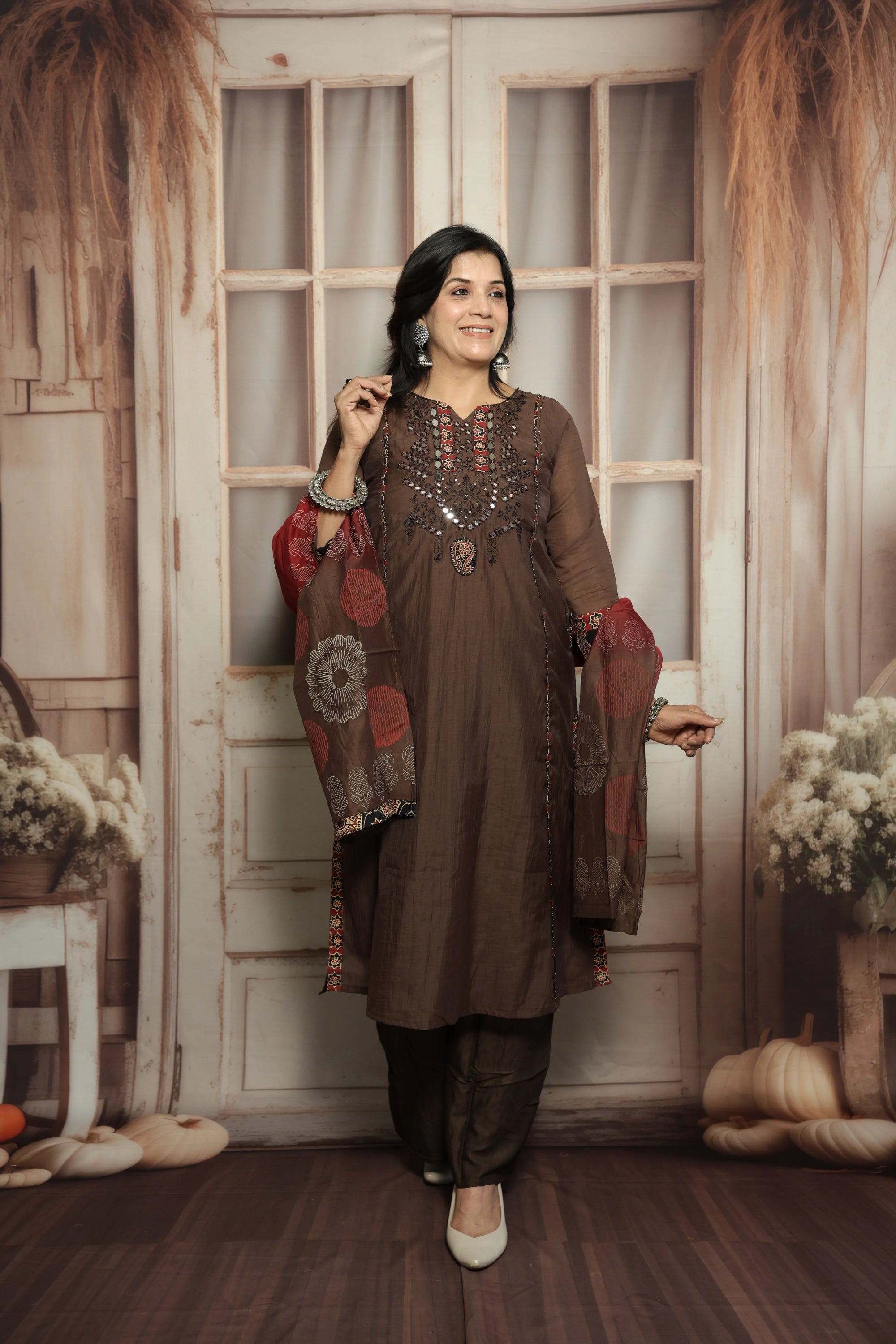 Chocolate Kurta Dupatta Set | Mirror Work, Embroidery & Kalamkari Border