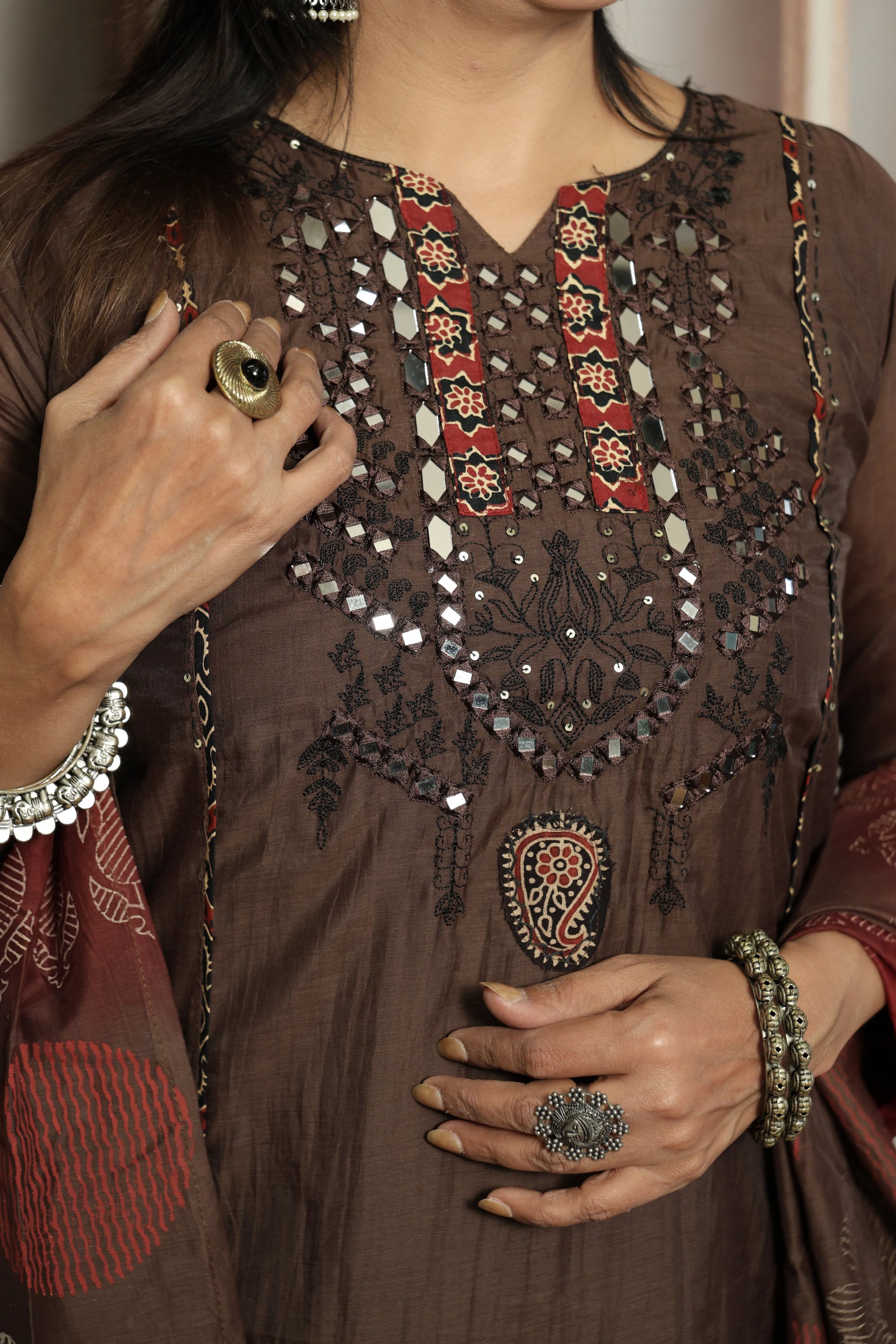 Chocolate Kurta Dupatta Set | Mirror Work, Embroidery & Kalamkari Border