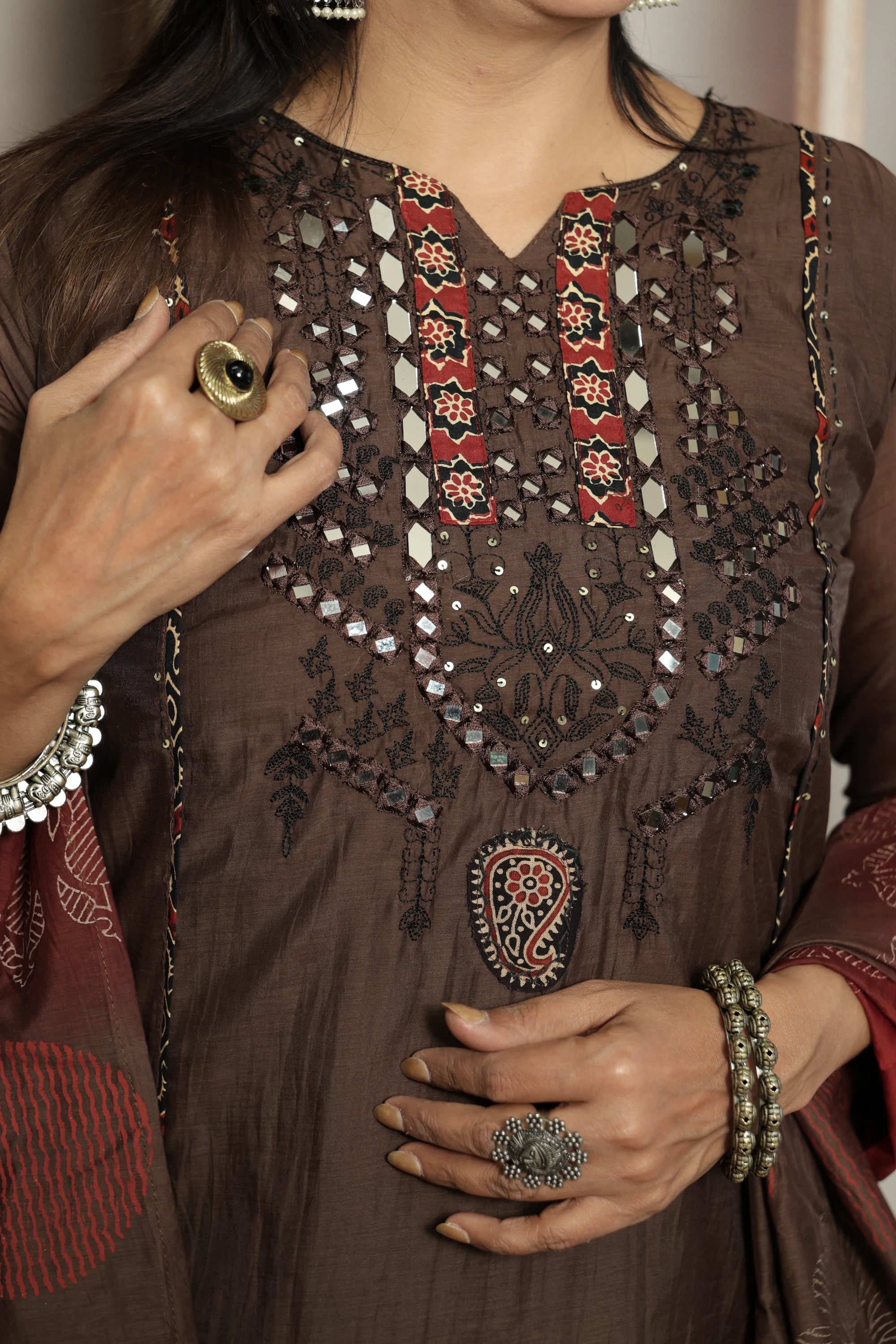 Chocolate Kurta Dupatta Set | Mirror Work, Embroidery & Kalamkari Border