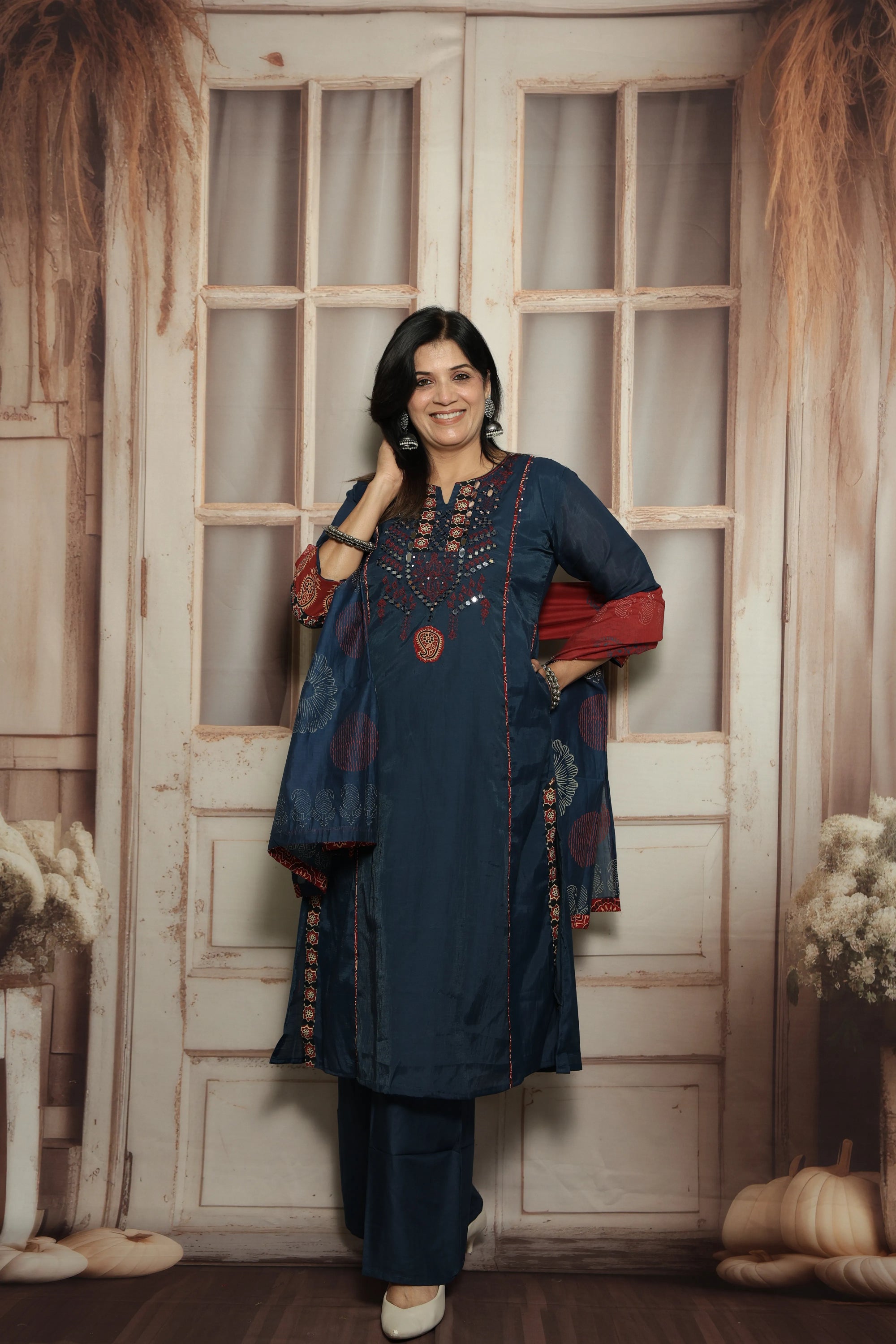 Blue Kurta Dupatta Set | Mirror Work, Embroidery & Kalamkari Border