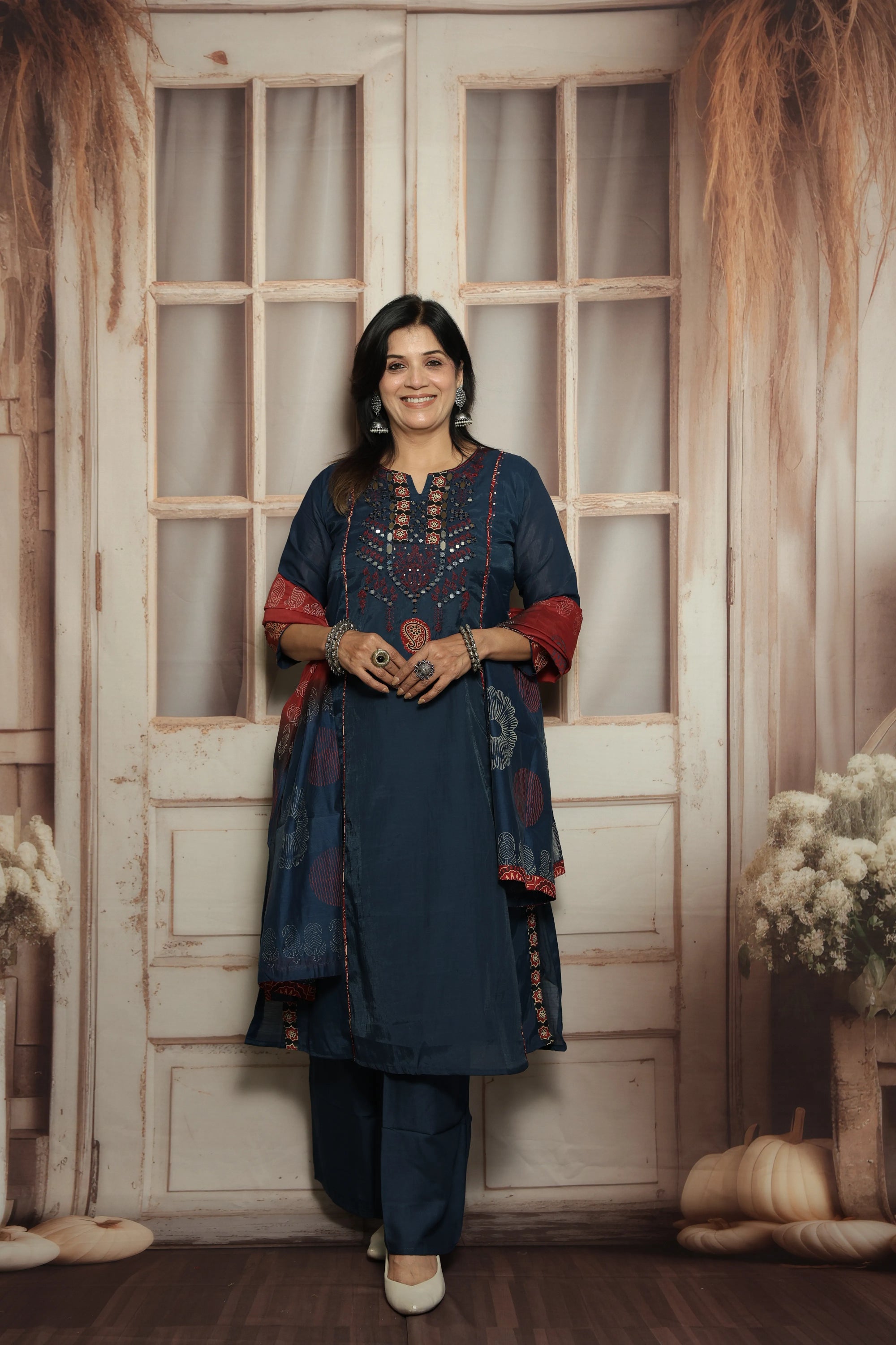 Blue Kurta Dupatta Set | Mirror Work, Embroidery & Kalamkari Border