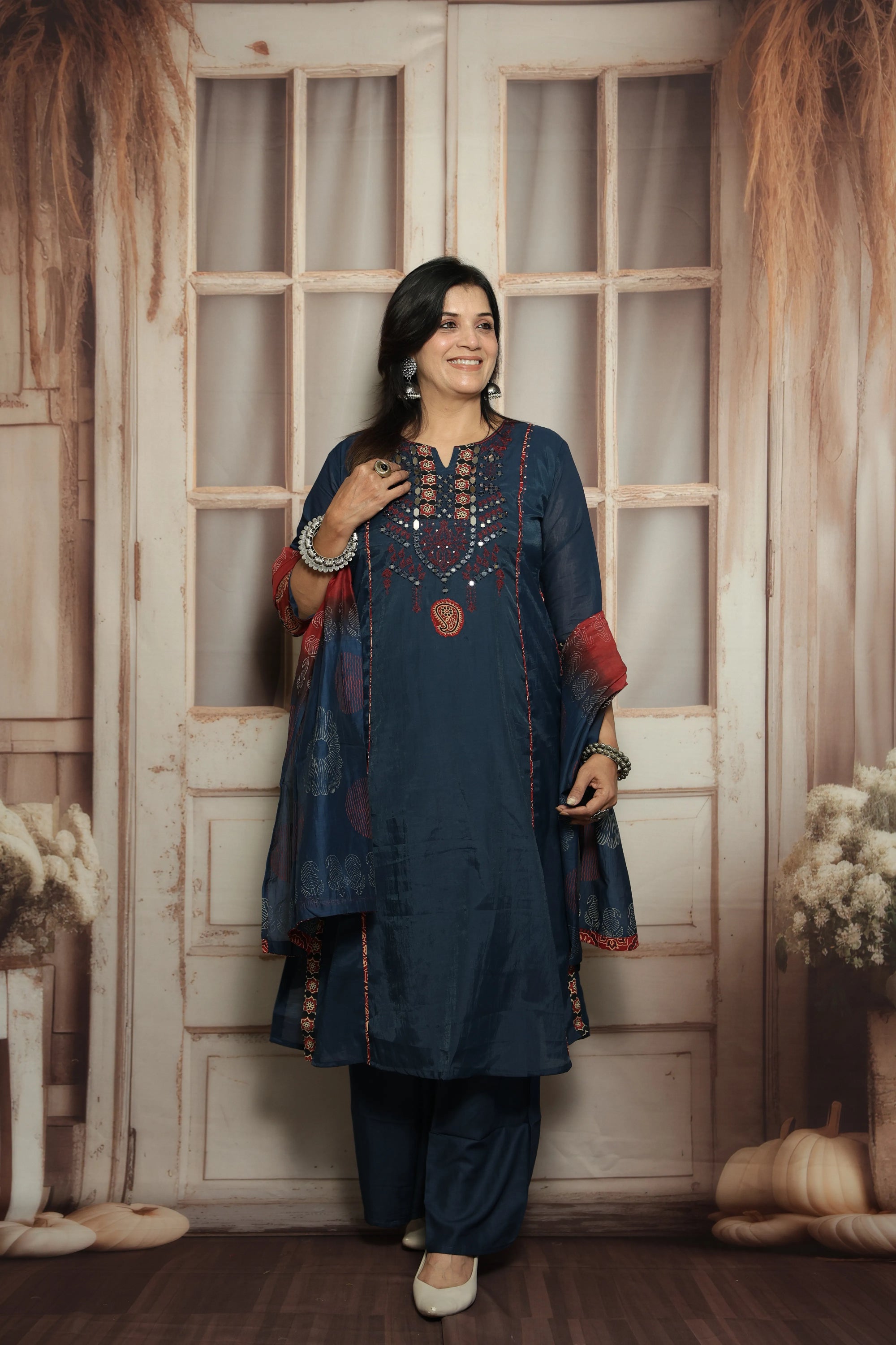 Blue Kurta Dupatta Set | Mirror Work, Embroidery & Kalamkari Border