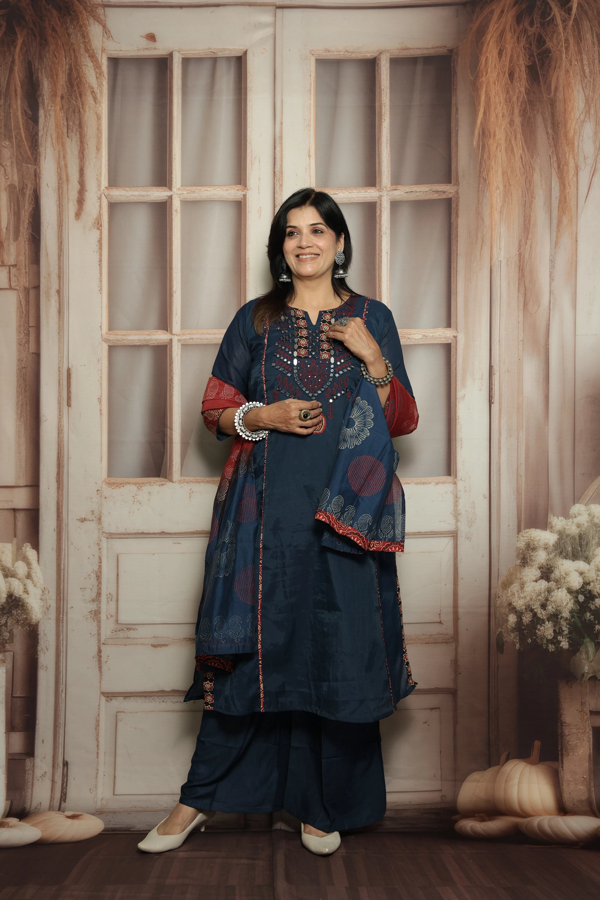 Blue Kurta Dupatta Set | Mirror Work, Embroidery & Kalamkari Border
