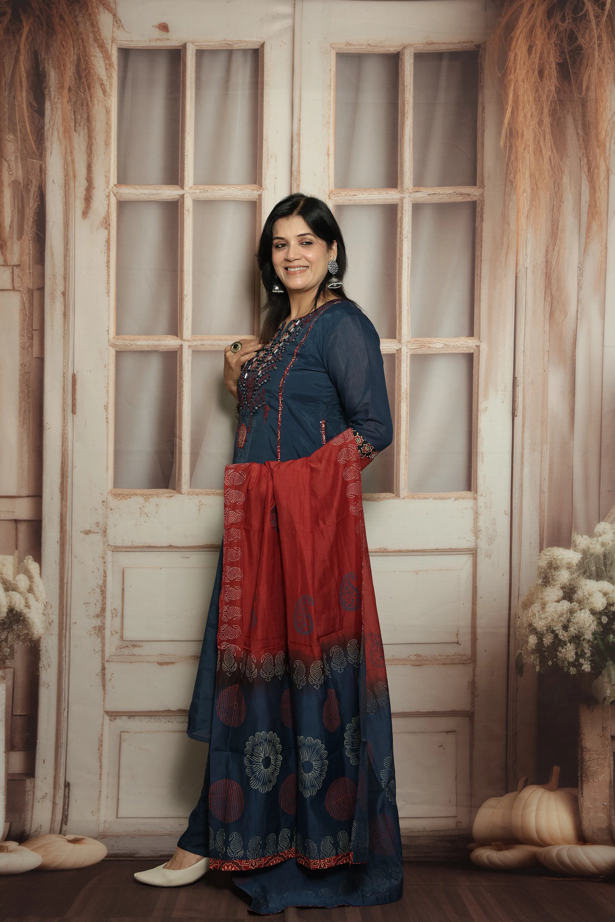Blue Kurta Dupatta Set | Mirror Work, Embroidery & Kalamkari Border