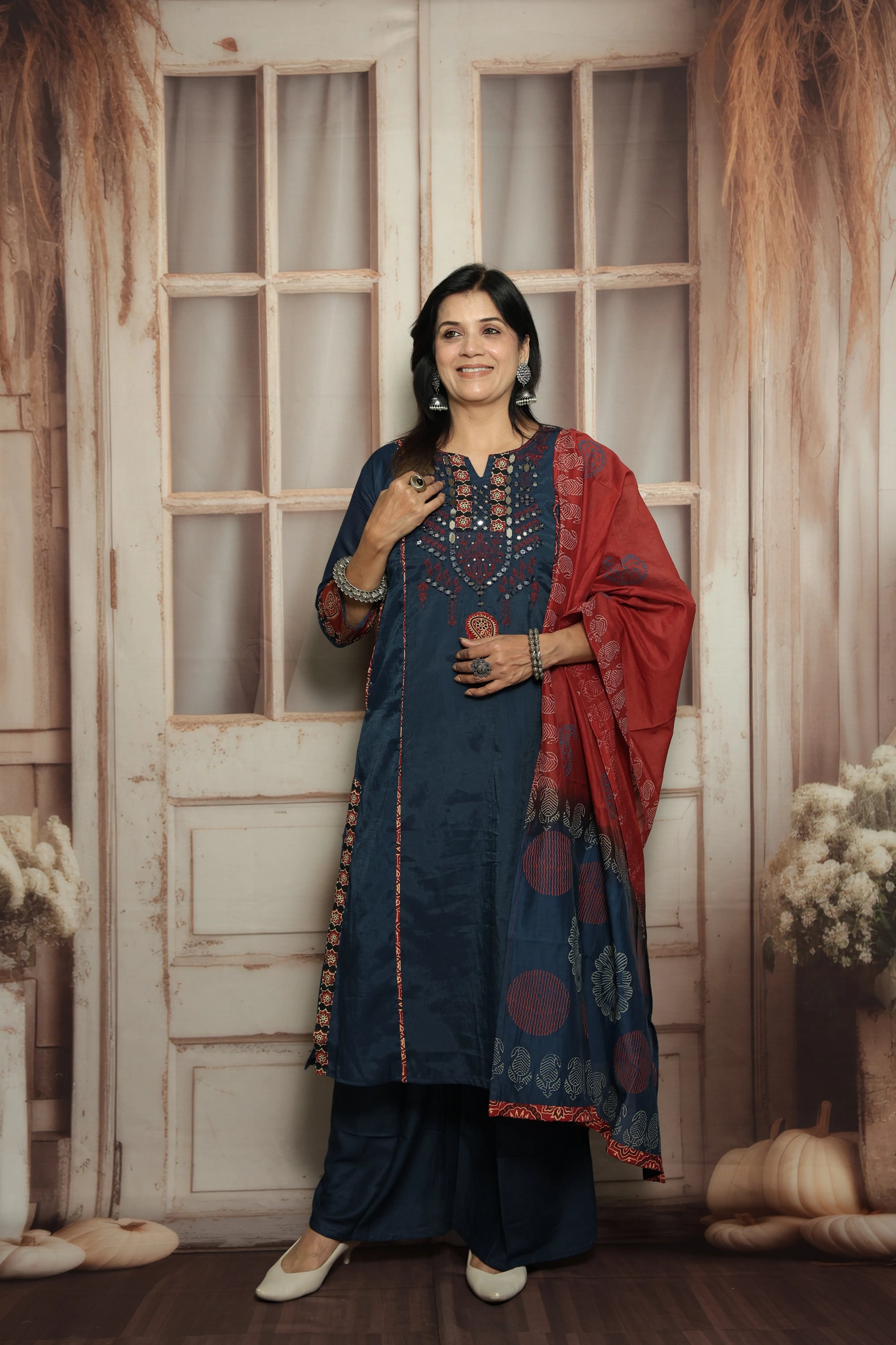 Blue Kurta Dupatta Set | Mirror Work, Embroidery & Kalamkari Border