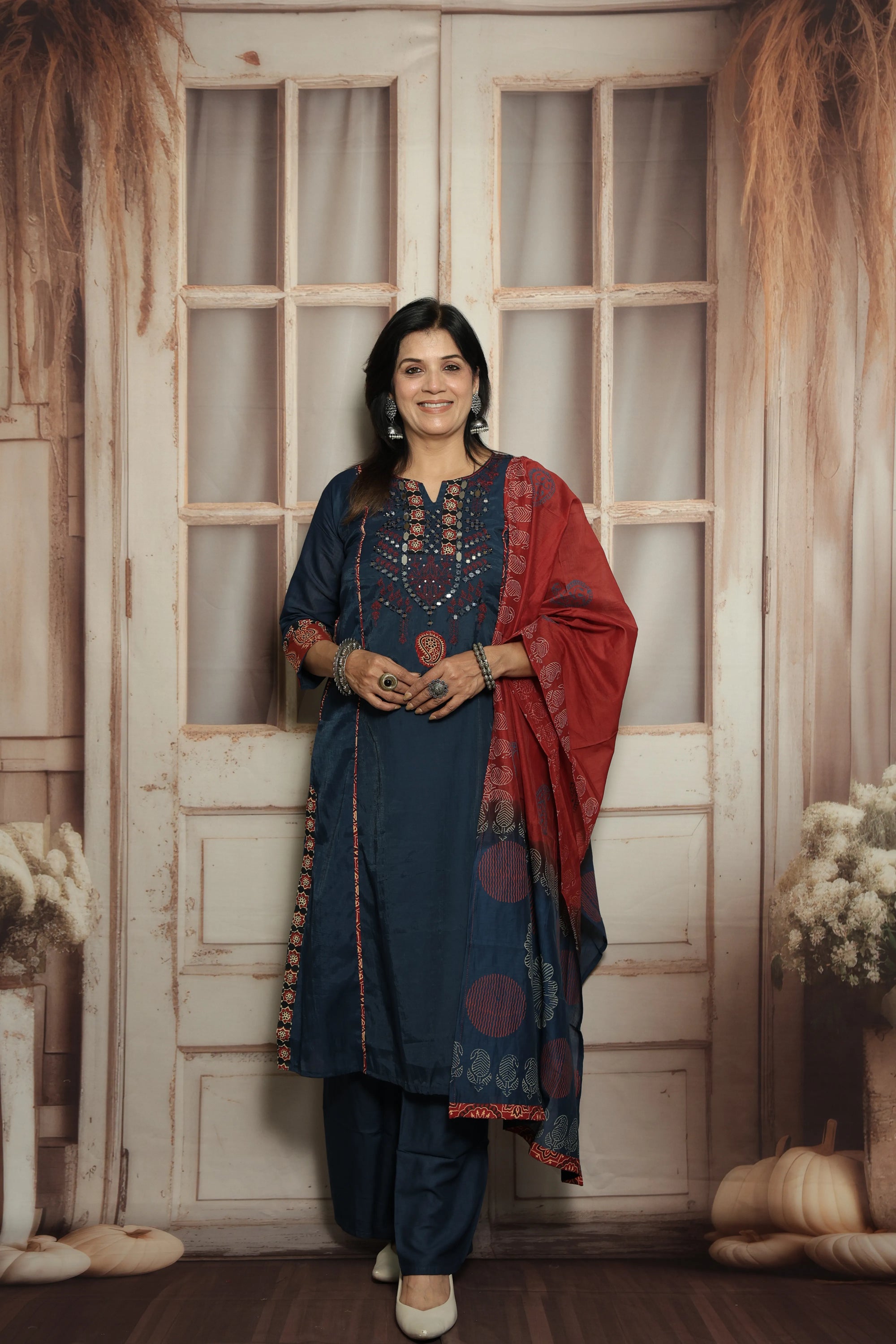 Blue Kurta Dupatta Set | Mirror Work, Embroidery & Kalamkari Border