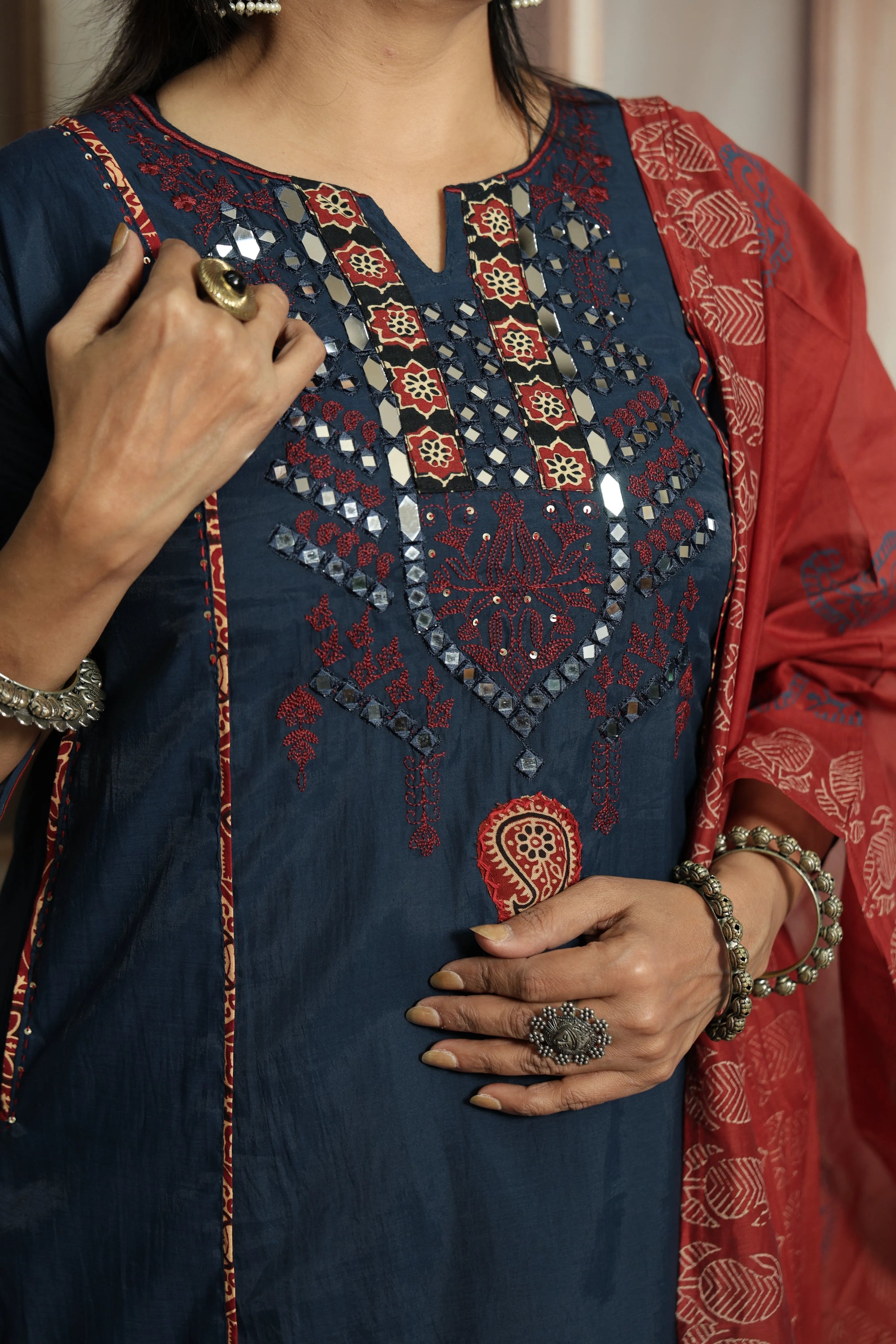 Blue Kurta Dupatta Set | Mirror Work, Embroidery & Kalamkari Border