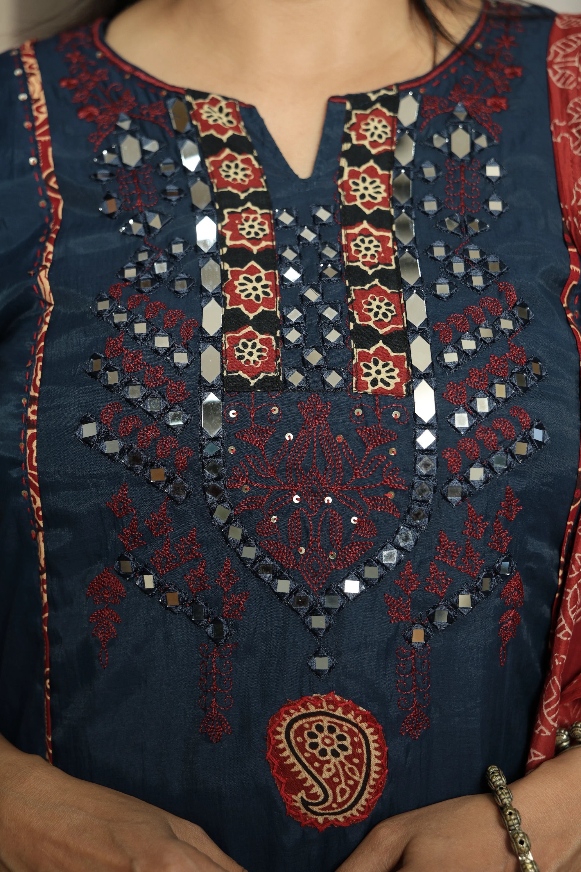 Blue Kurta Dupatta Set | Mirror Work, Embroidery & Kalamkari Border