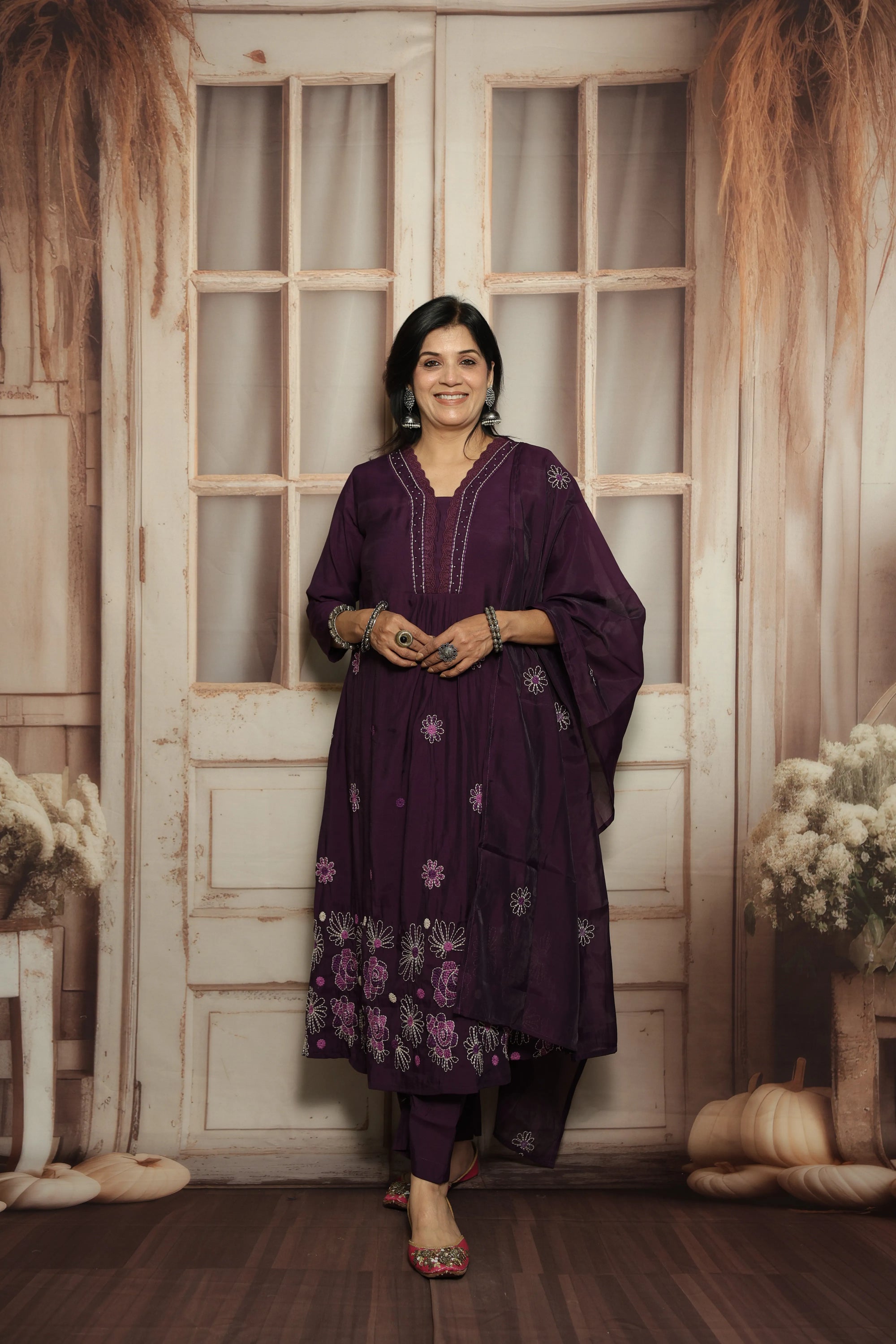 Royal Purple Muslin Kurti Dupatta Set | White Embroidery & Lace Detailing