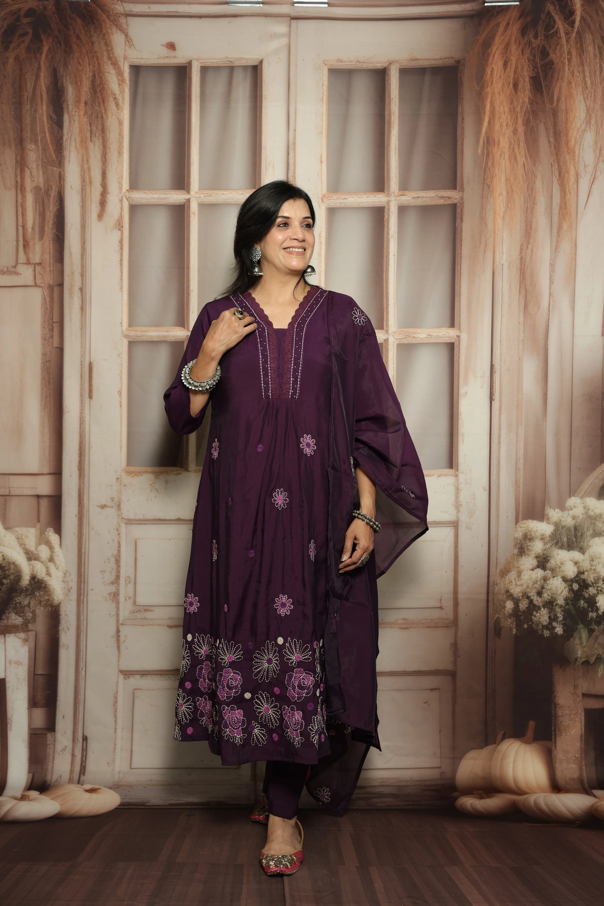 Royal Purple Muslin Kurti Dupatta Set | White Embroidery & Lace Detailing
