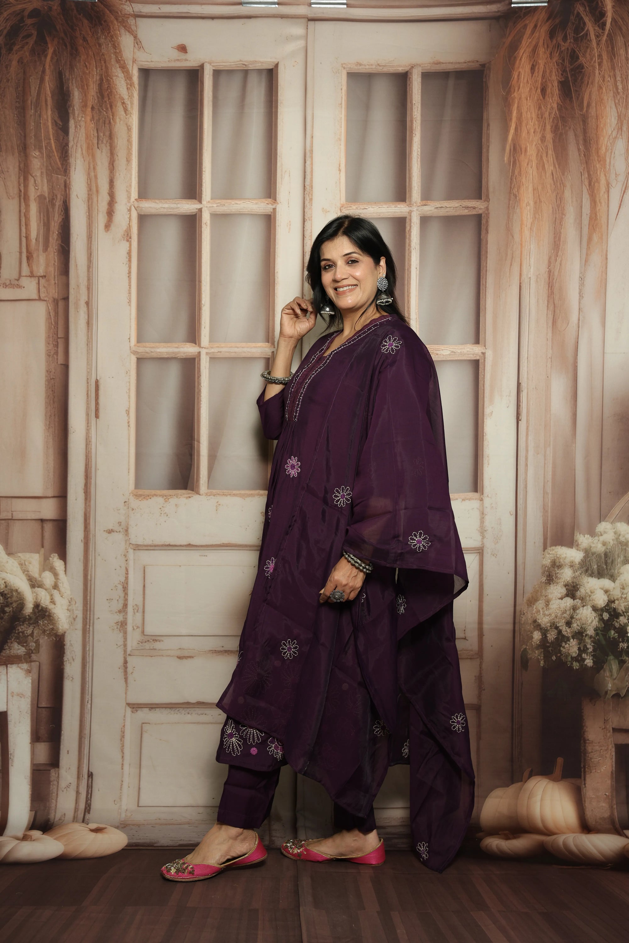Royal Purple Muslin Kurti Dupatta Set | White Embroidery & Lace Detailing