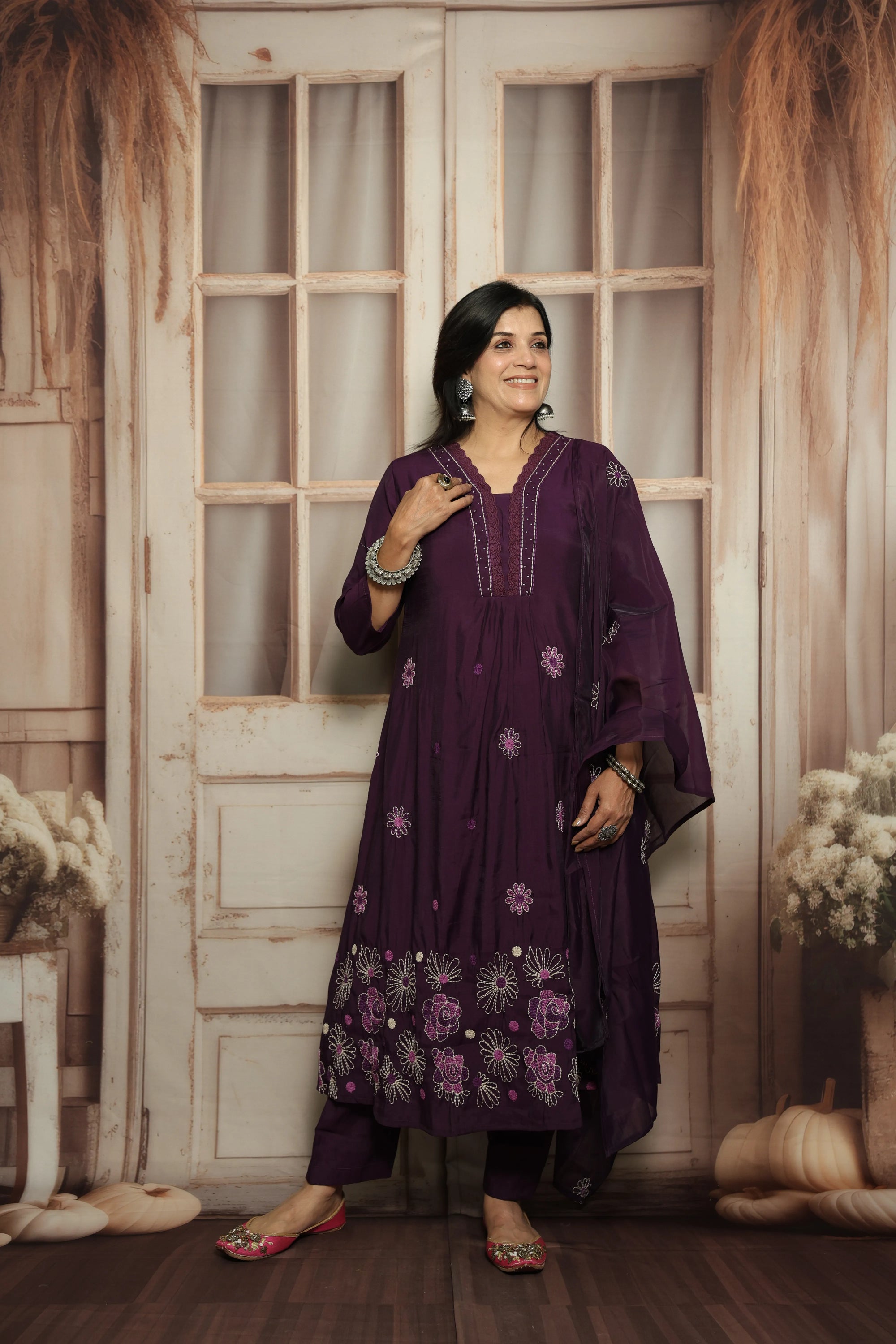 Royal Purple Muslin Kurti Dupatta Set | White Embroidery & Lace Detailing
