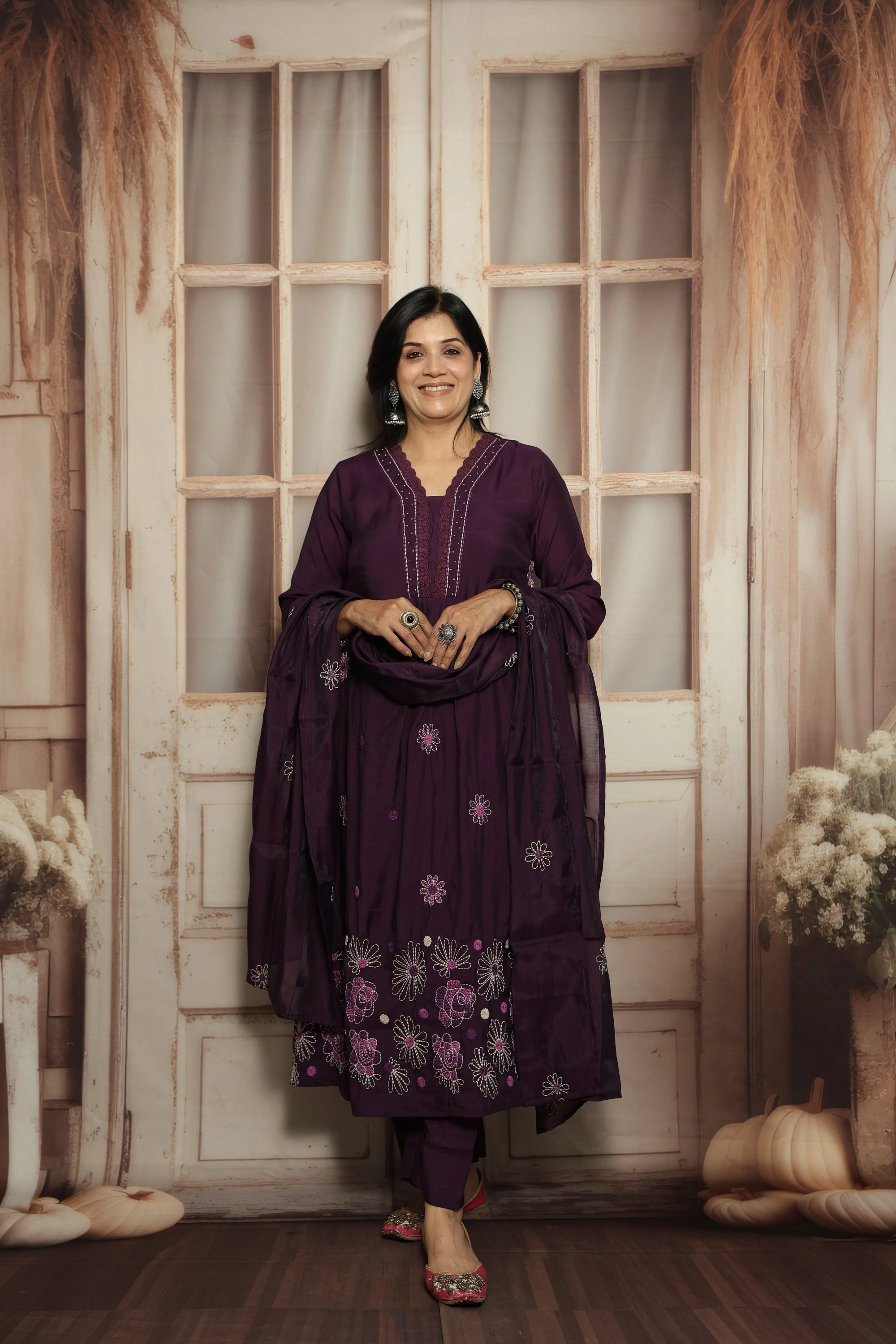 Royal Purple Muslin Kurti Dupatta Set | White Embroidery & Lace Detailing