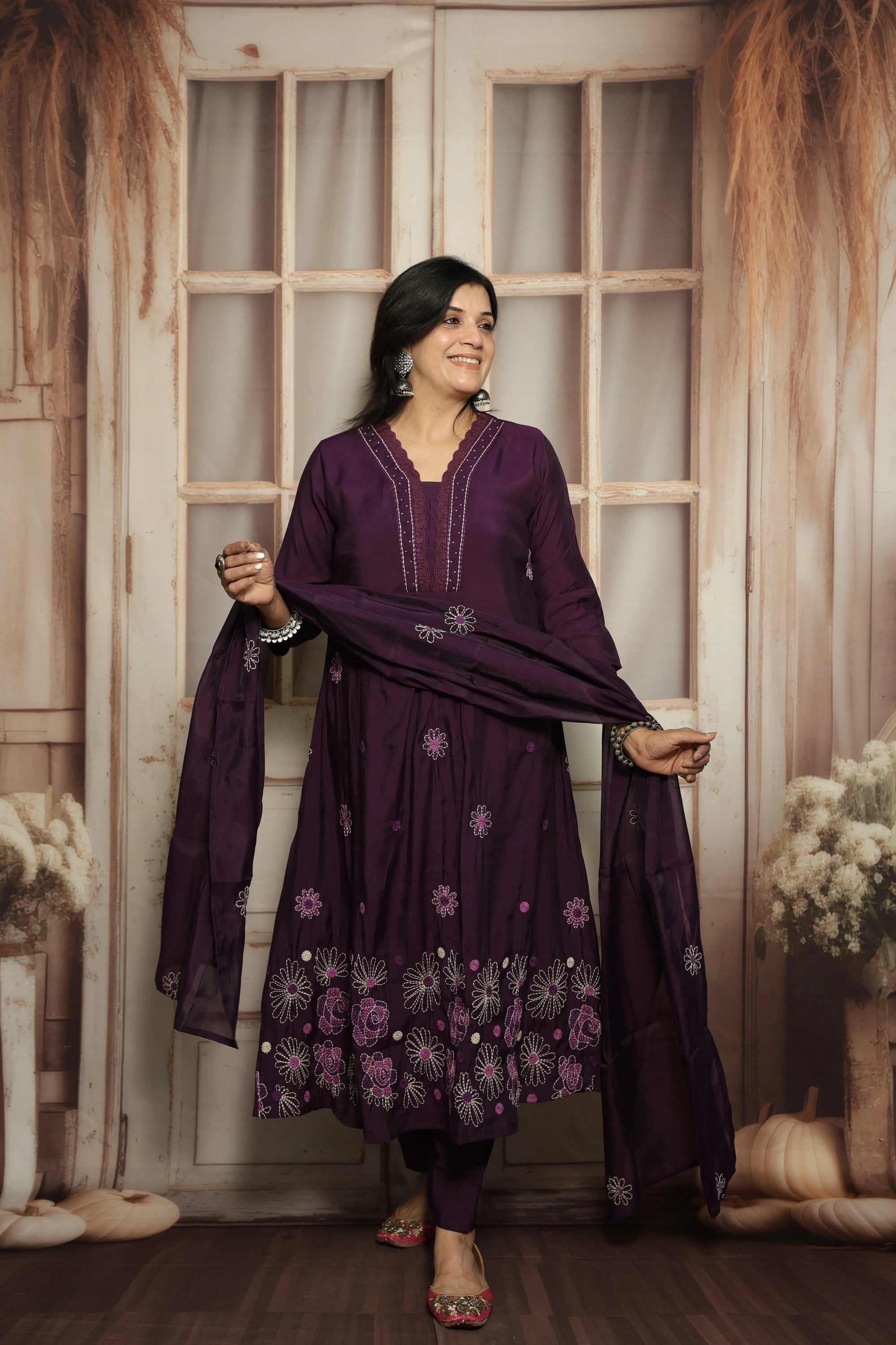 Royal Purple Muslin Kurti Dupatta Set | White Embroidery & Lace Detailing