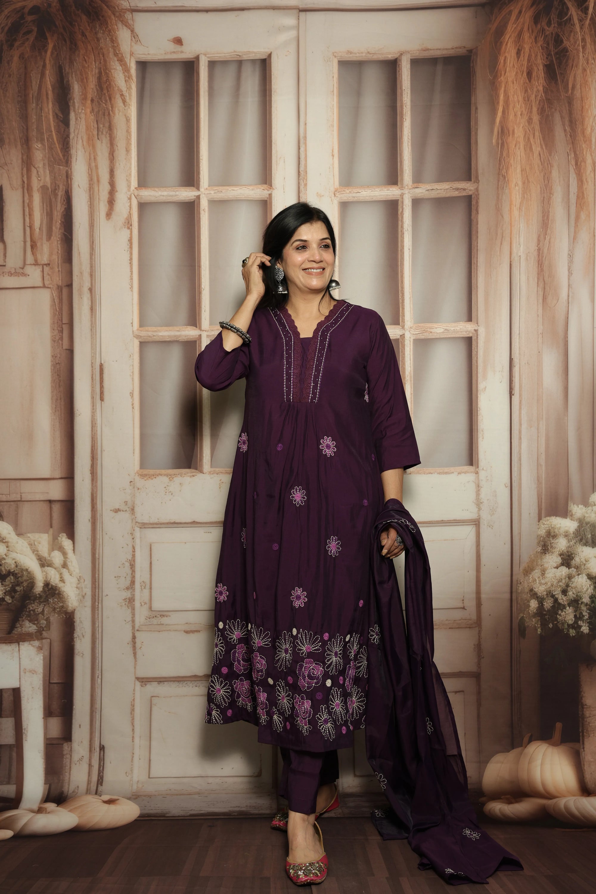Royal Purple Muslin Kurti Dupatta Set | White Embroidery & Lace Detailing
