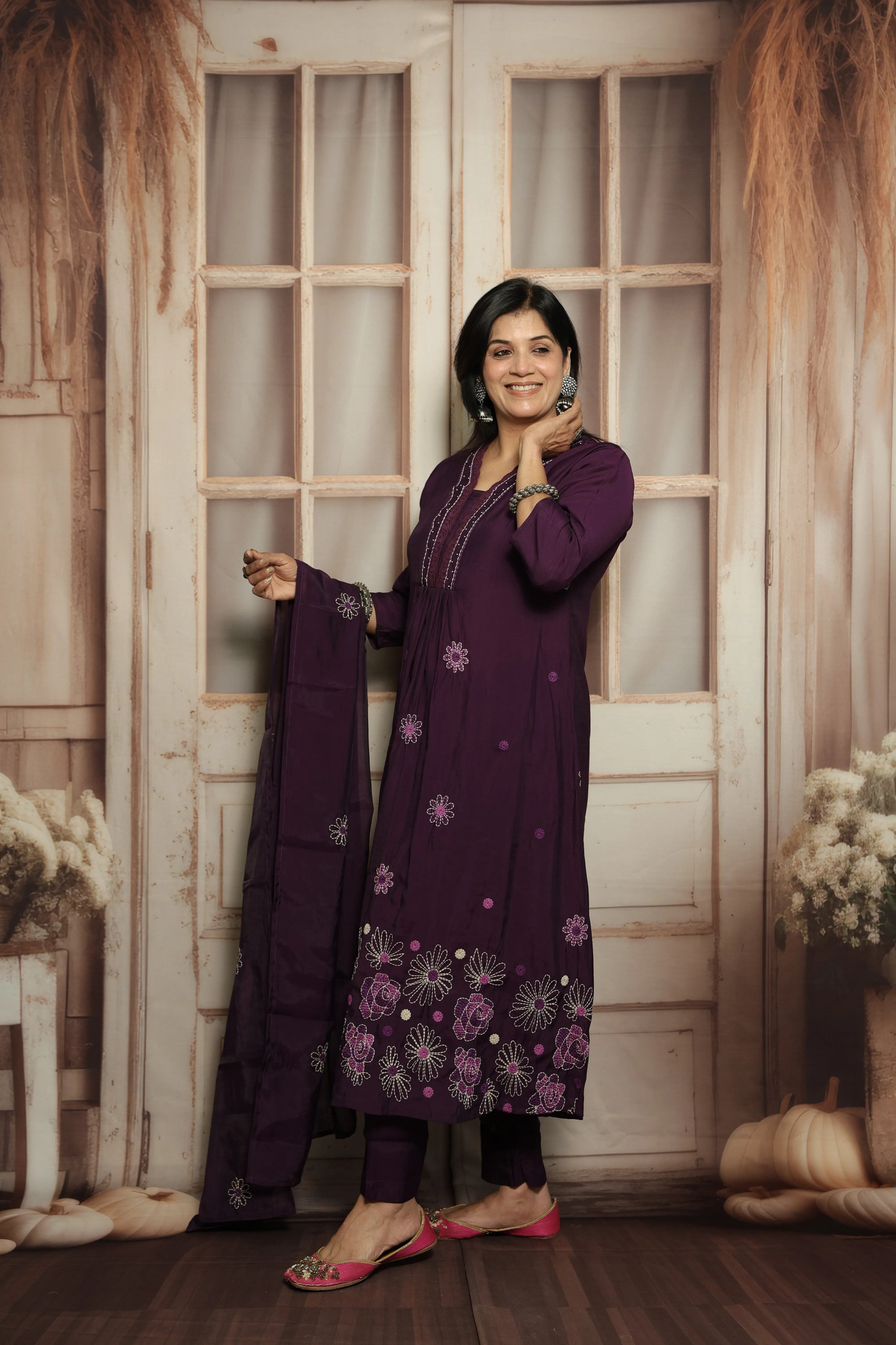 Royal Purple Muslin Kurti Dupatta Set | White Embroidery & Lace Detailing