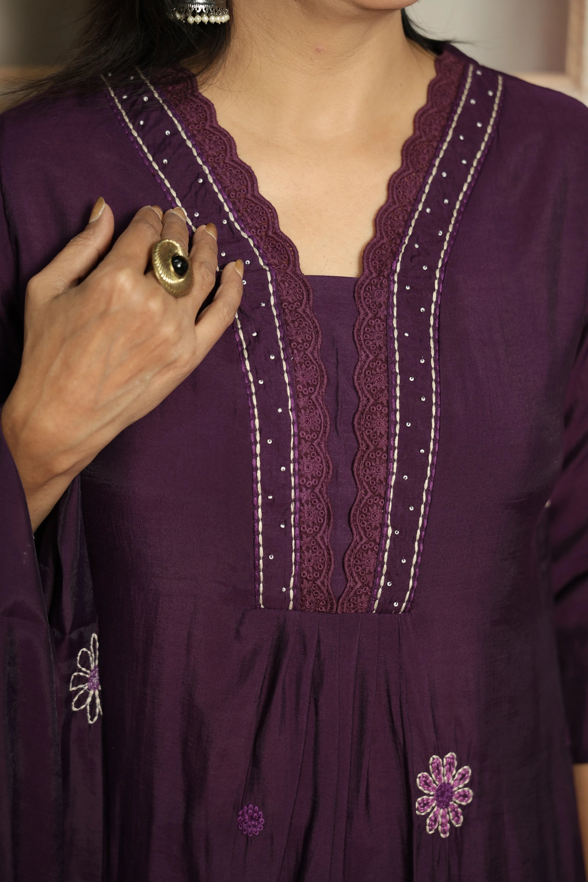 Royal Purple Muslin Kurti Dupatta Set | White Embroidery & Lace Detailing