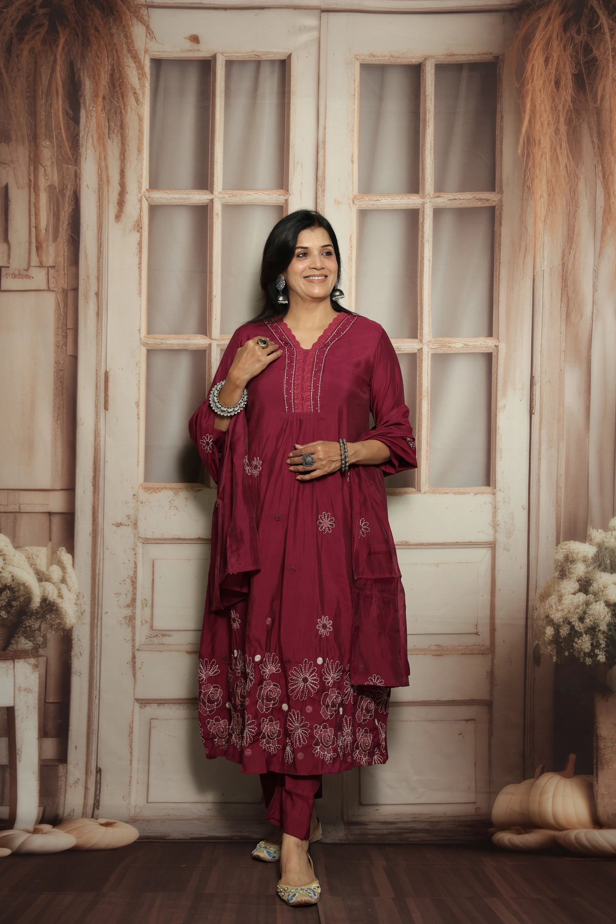 Magenta Muslin Kurti Dupatta Set | Embroidery & Lace Detailing