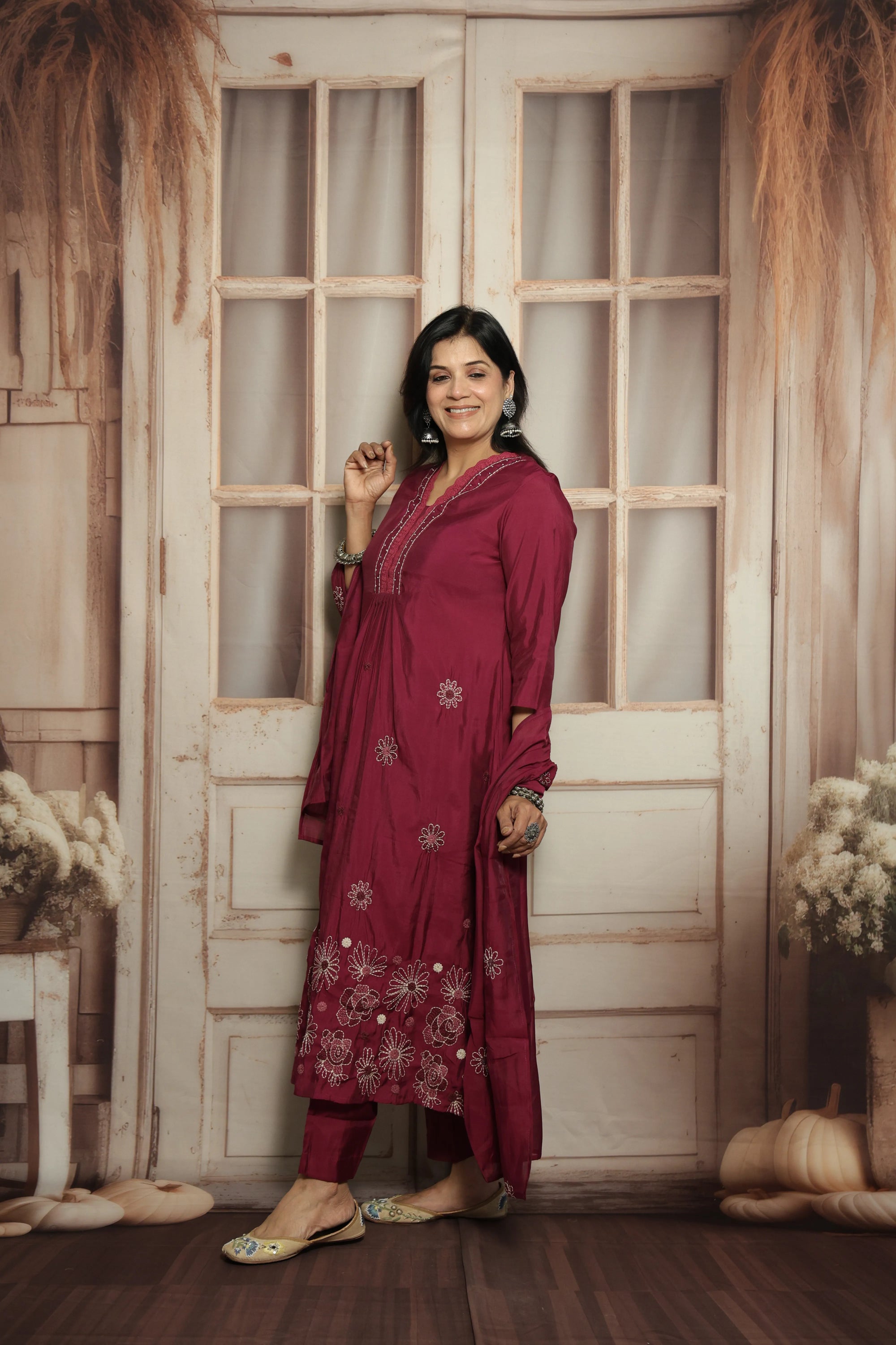Magenta Muslin Kurti Dupatta Set | Embroidery & Lace Detailing