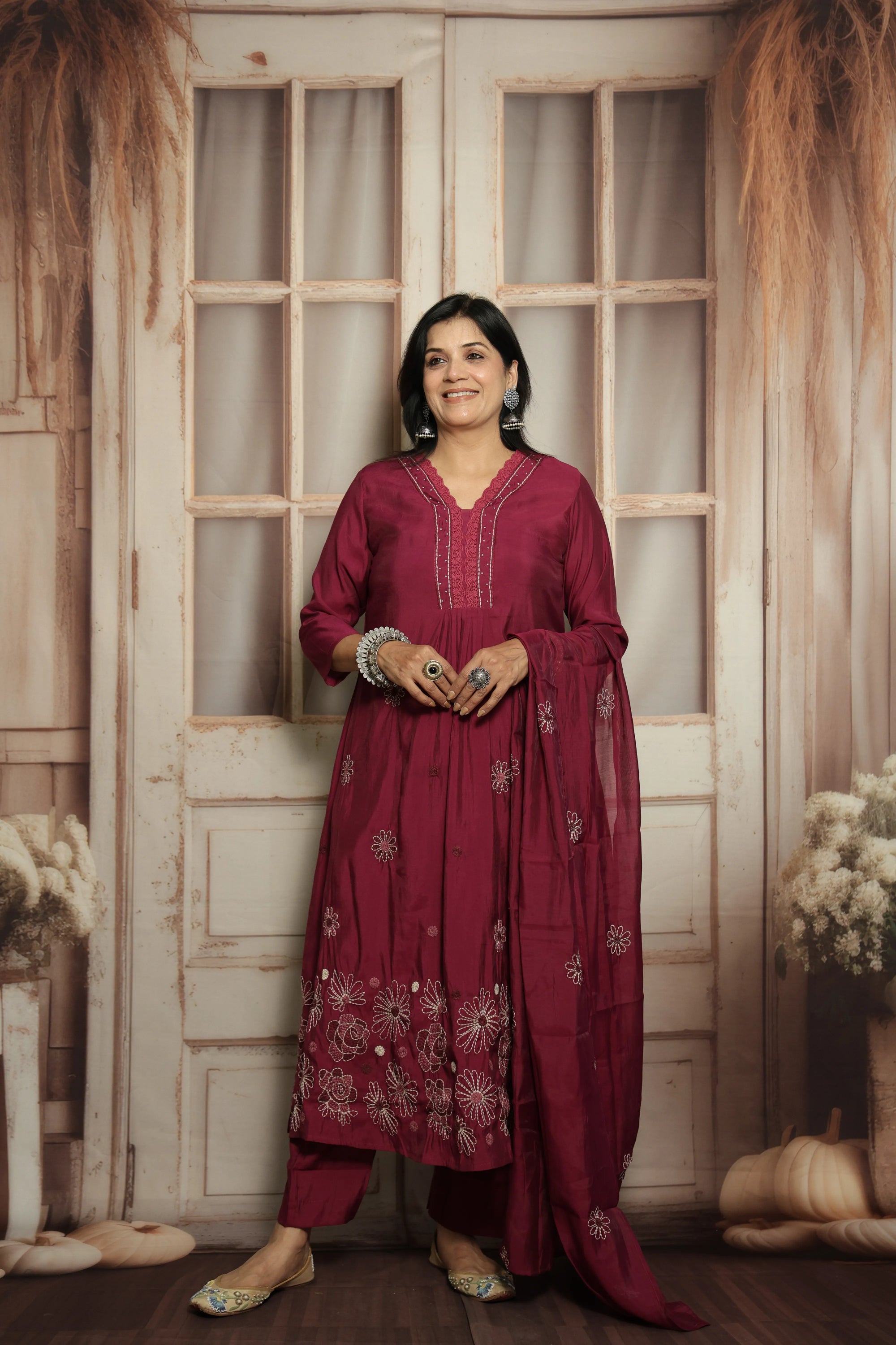 Magenta Muslin Kurti Dupatta Set | Embroidery & Lace Detailing