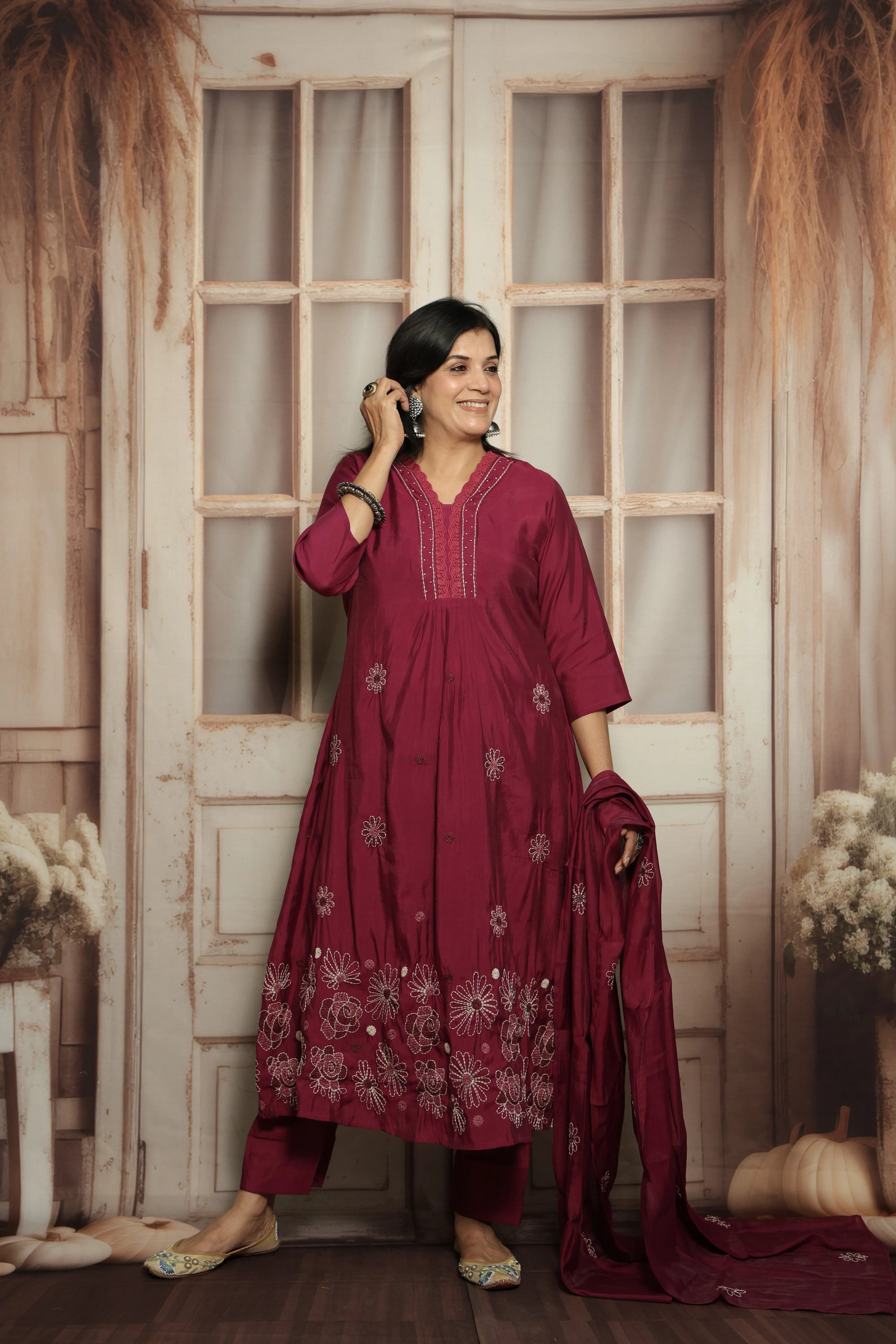 Magenta Muslin Kurti Dupatta Set | Embroidery & Lace Detailing