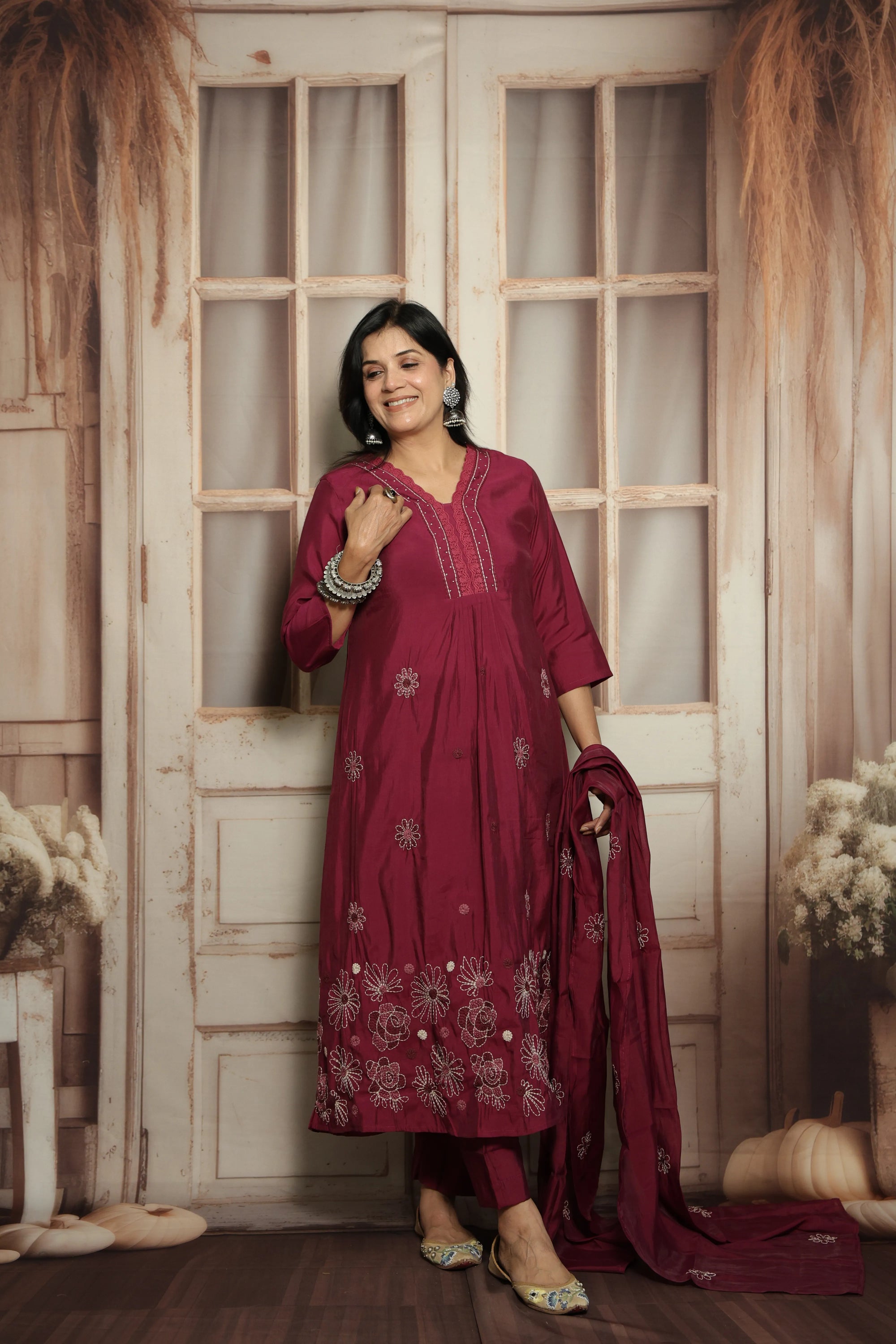 Magenta Muslin Kurti Dupatta Set | Embroidery & Lace Detailing