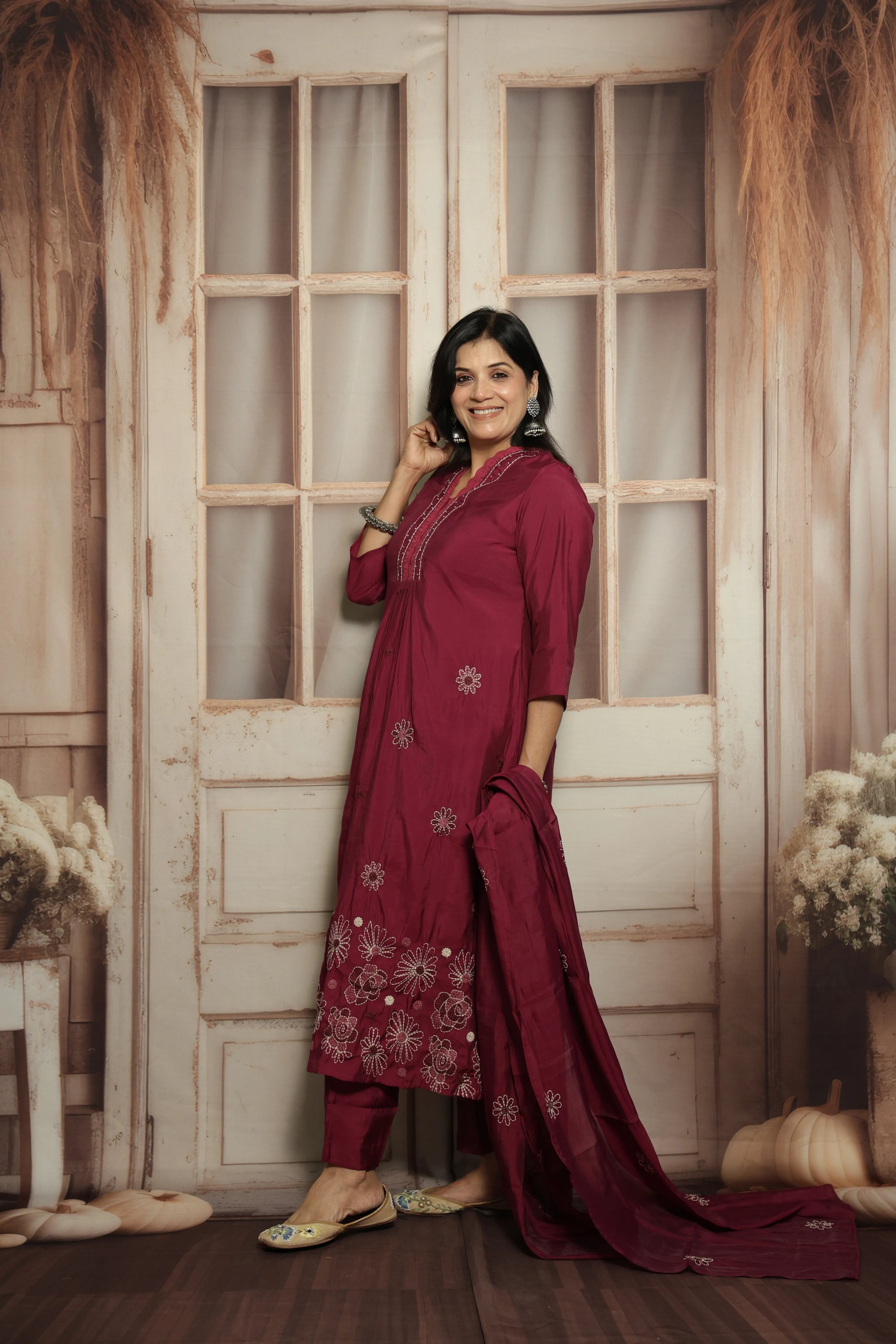 Magenta Muslin Kurti Dupatta Set | Embroidery & Lace Detailing