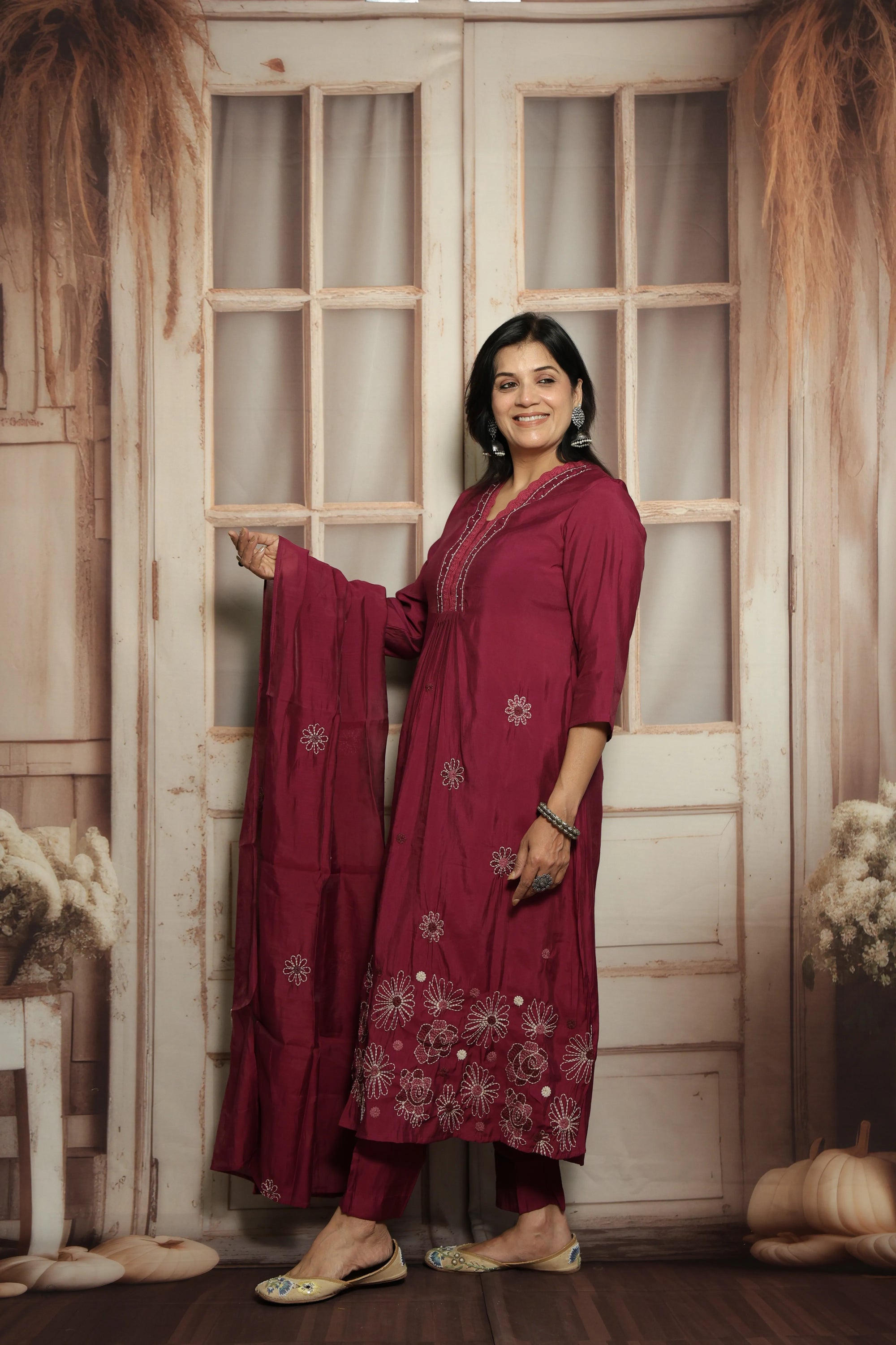 Magenta Muslin Kurti Dupatta Set | Embroidery & Lace Detailing