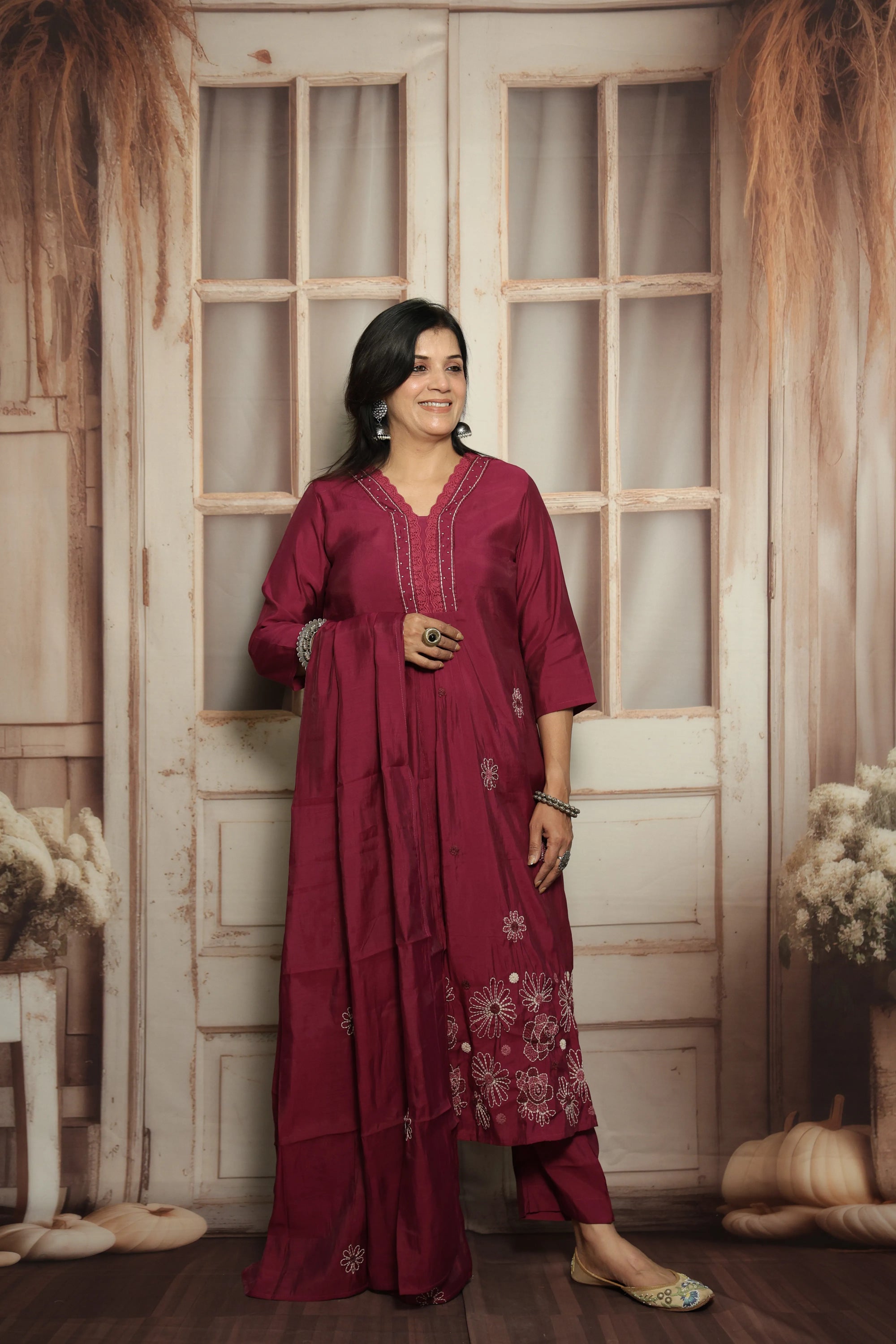 Magenta Muslin Kurti Dupatta Set | Embroidery & Lace Detailing
